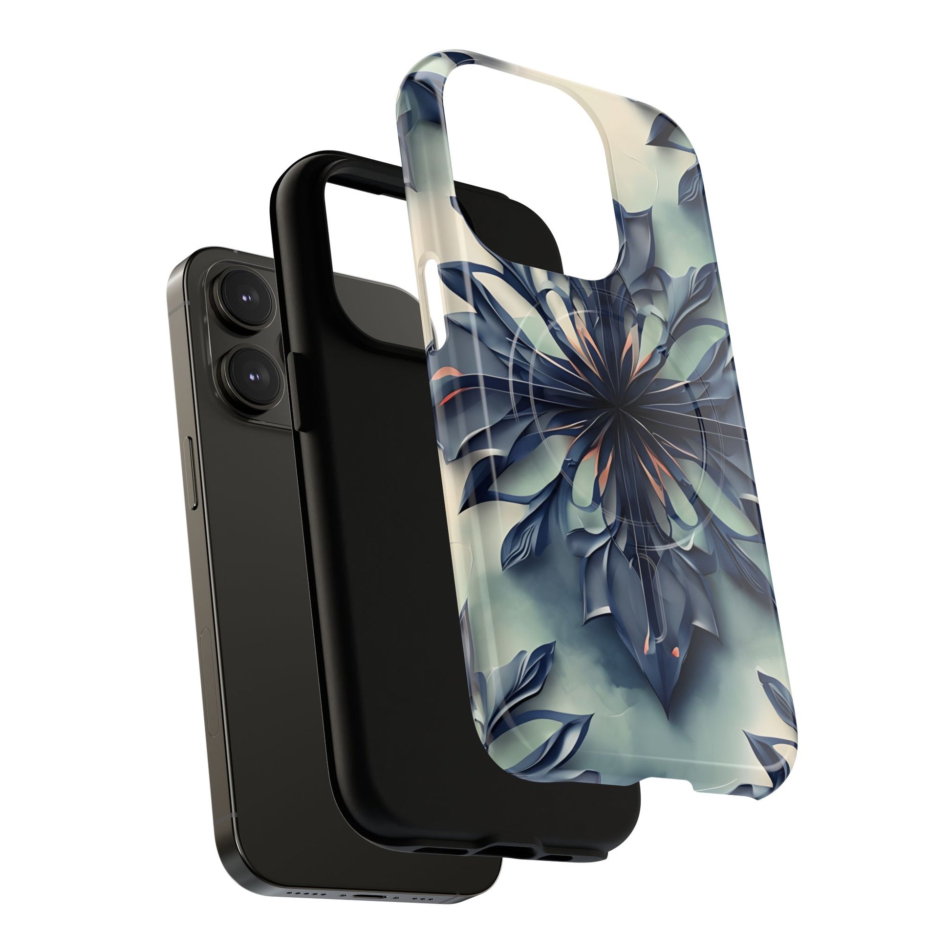 Frosted Indigo Bloom - Artistic Kaleidoscope Collection Artistic Floral - iPhone 14 Pro MagSafe Phone Case -Blue Symmetrical Design