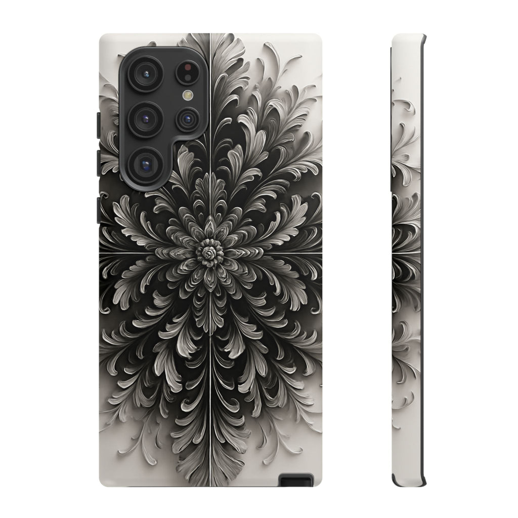 Obsidian Bloom - Elegant Black & White Samsung Galaxy S22 Ultra Tough Phone Case - Intricate Mandala Flower Design