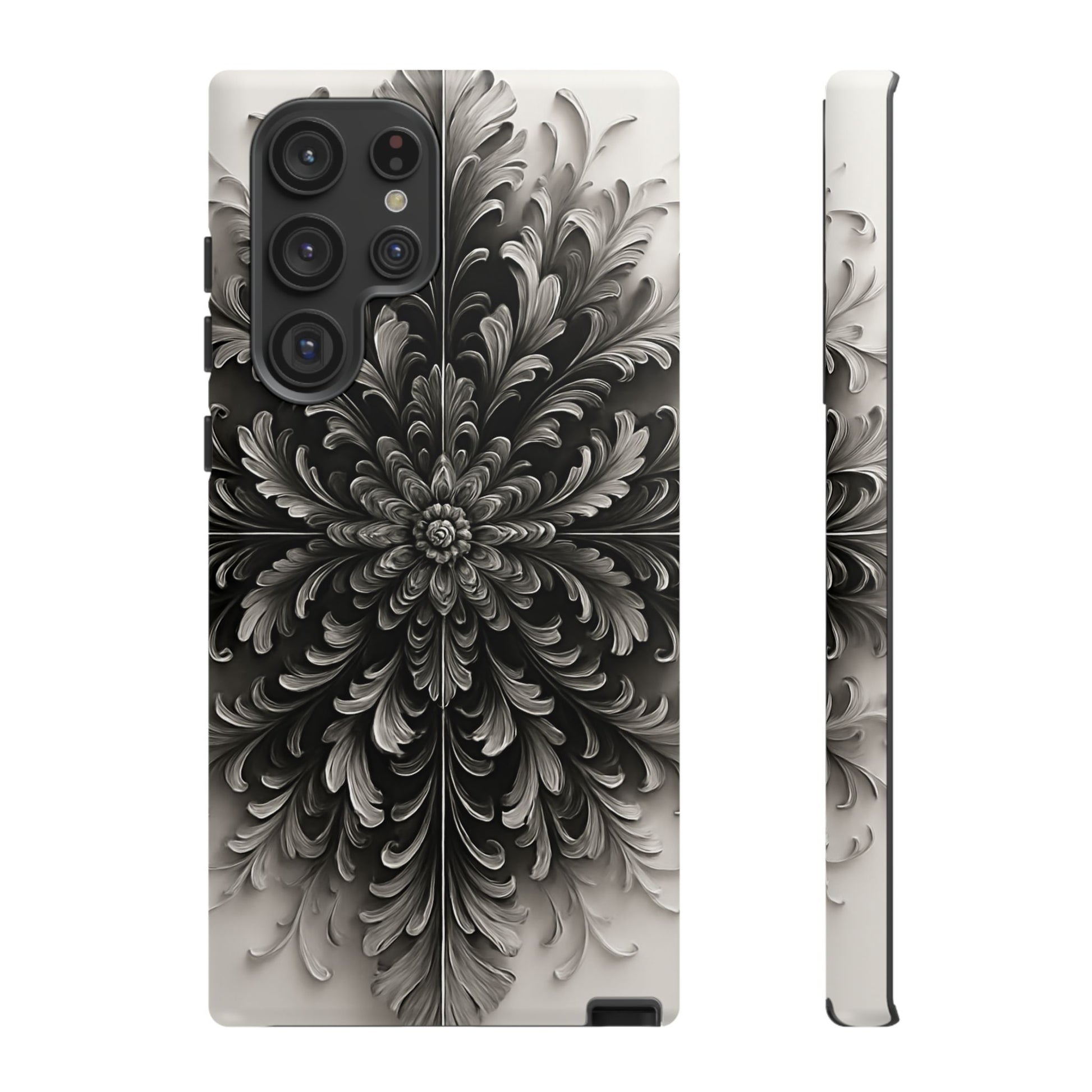 Obsidian Bloom - Elegant Black & White Samsung Galaxy S22 Ultra Tough Phone Case - Intricate Mandala Flower Design