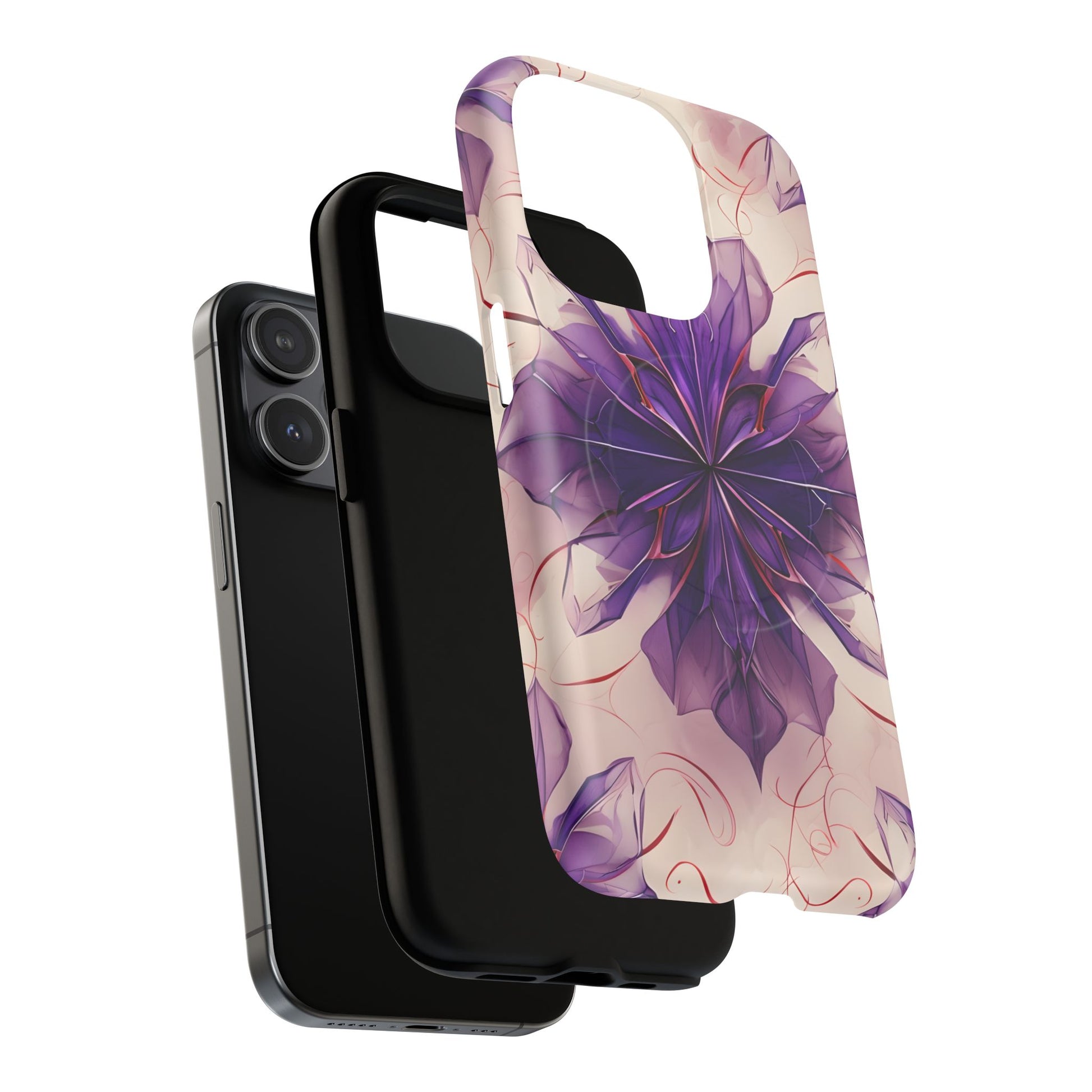 Violet Reverie - Kaleidoscope Collection Artistic Floral Burst - iPhone 15 Pro MagSafe Phone Case - Bold Purple Symmetrical Design