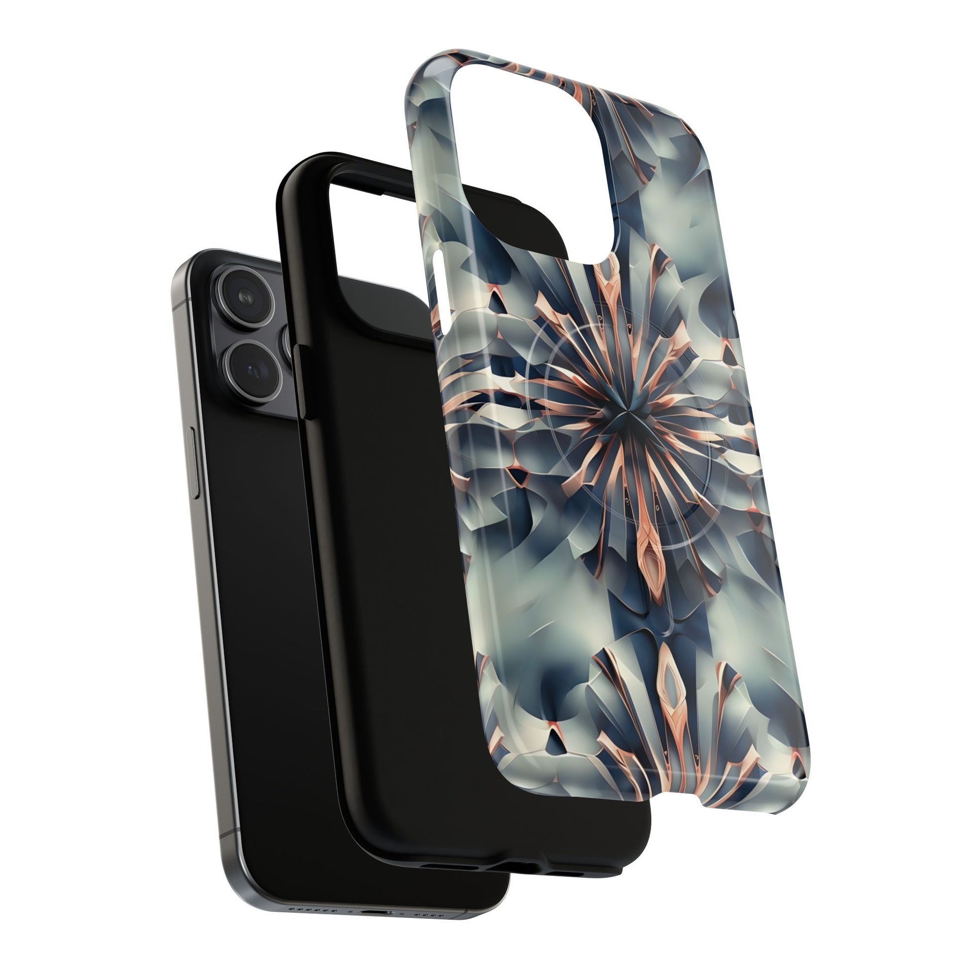 Obsidian Kaleidoscope Artistic Floral Burst - iPhone 15 Pro Max MagSafe Phone Case -Blue, Peach and Silver Symmetrical Design