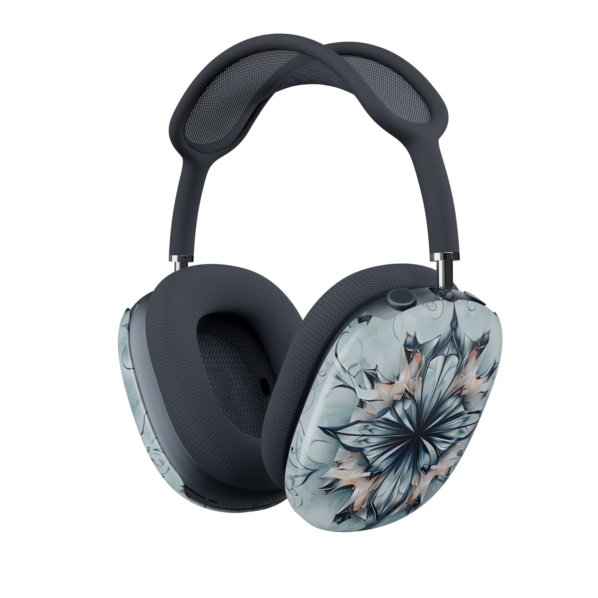 Indigo Mirage AirPods Max cover with cool blue and taupe abstract floral mandala on light background, angled view on Apple AirPods Max headphones