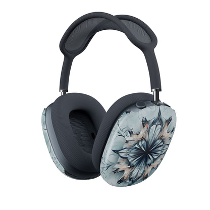 Indigo Mirage AirPods Max cover with cool blue and taupe abstract floral mandala on light background, angled view on Apple AirPods Max headphones