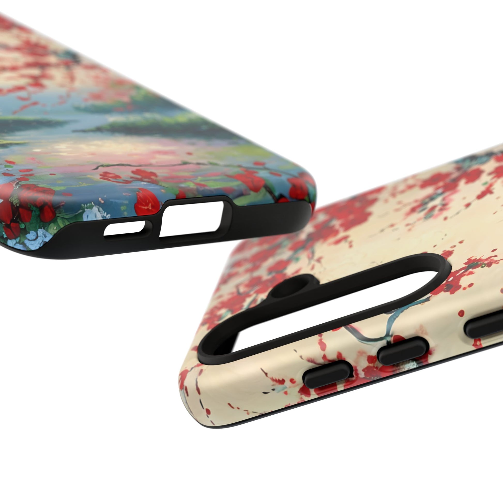 Crimson Blossom Lake - Artistic Floral Landscape Samsung Galaxy S24 Tough Phone Case - Red Cherry Blossoms & Serene Lake Design