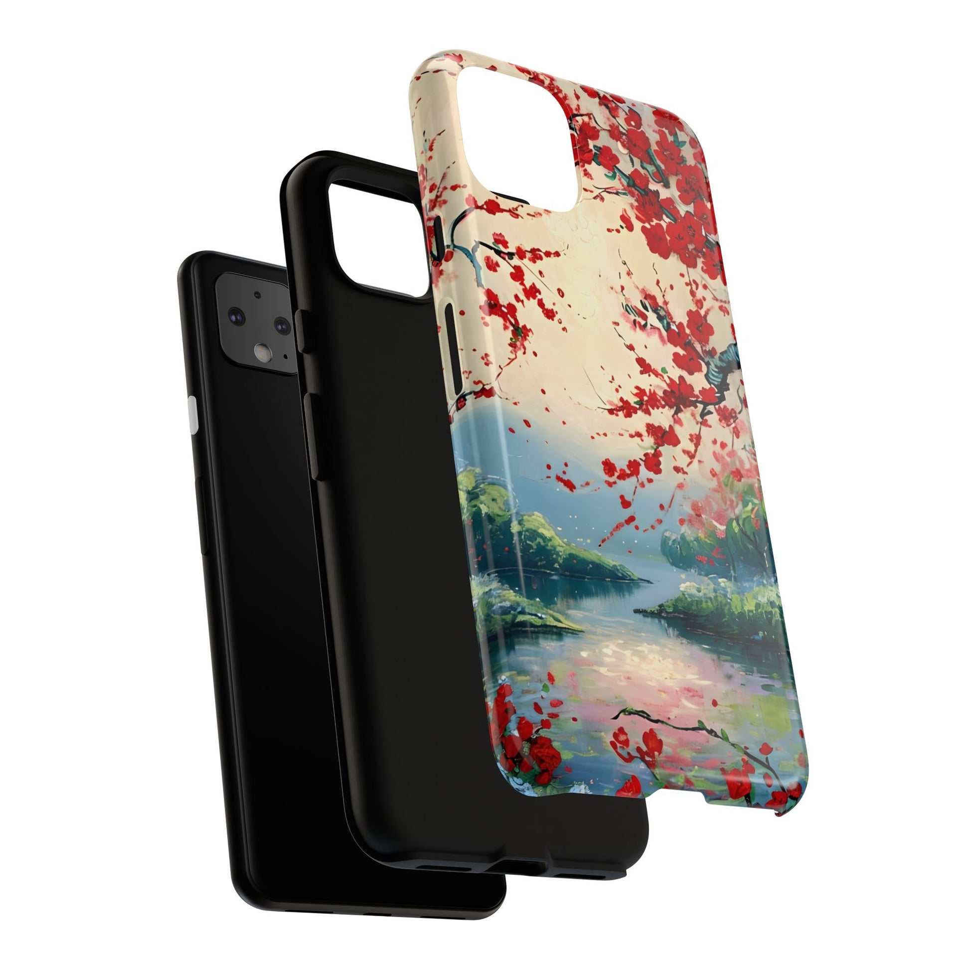 Crimson Blossom Lake - Artistic Floral Landscape Google Pixel 4XL Tough Phone Case - Red Cherry Blossoms & Serene Lake Design