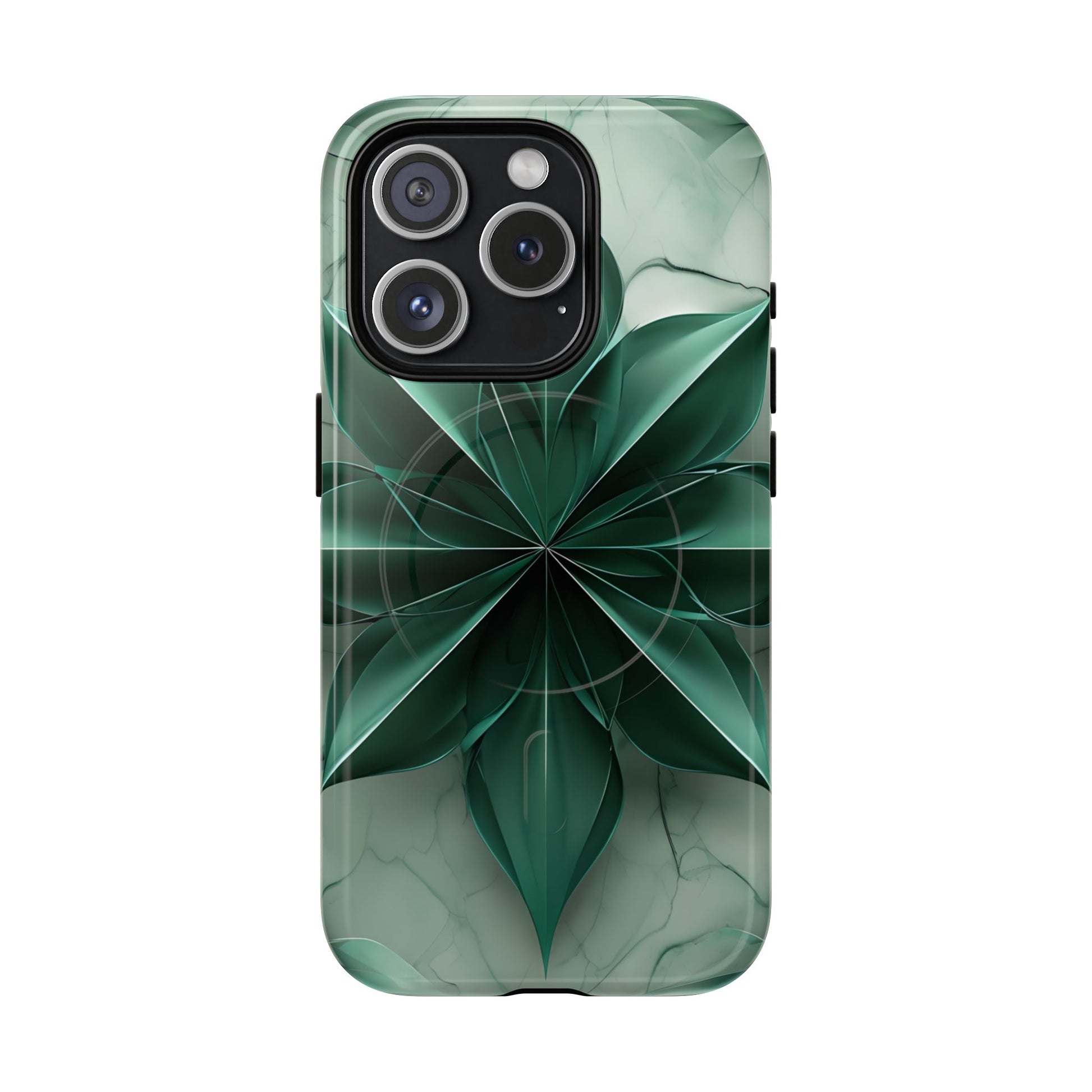 Emerald Bloom iPhone 15 Pro MagSafe Phone Case -Modern Symmetrical Floral Design, Green