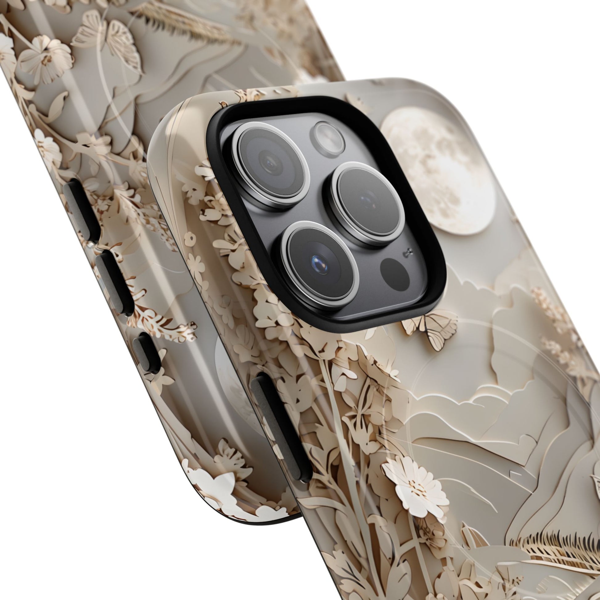 Moonlit Garden - Elegant Neutral Floral iPhone 15 Pro MagSafe Phone Case - Painterly Botanical & Moon Design