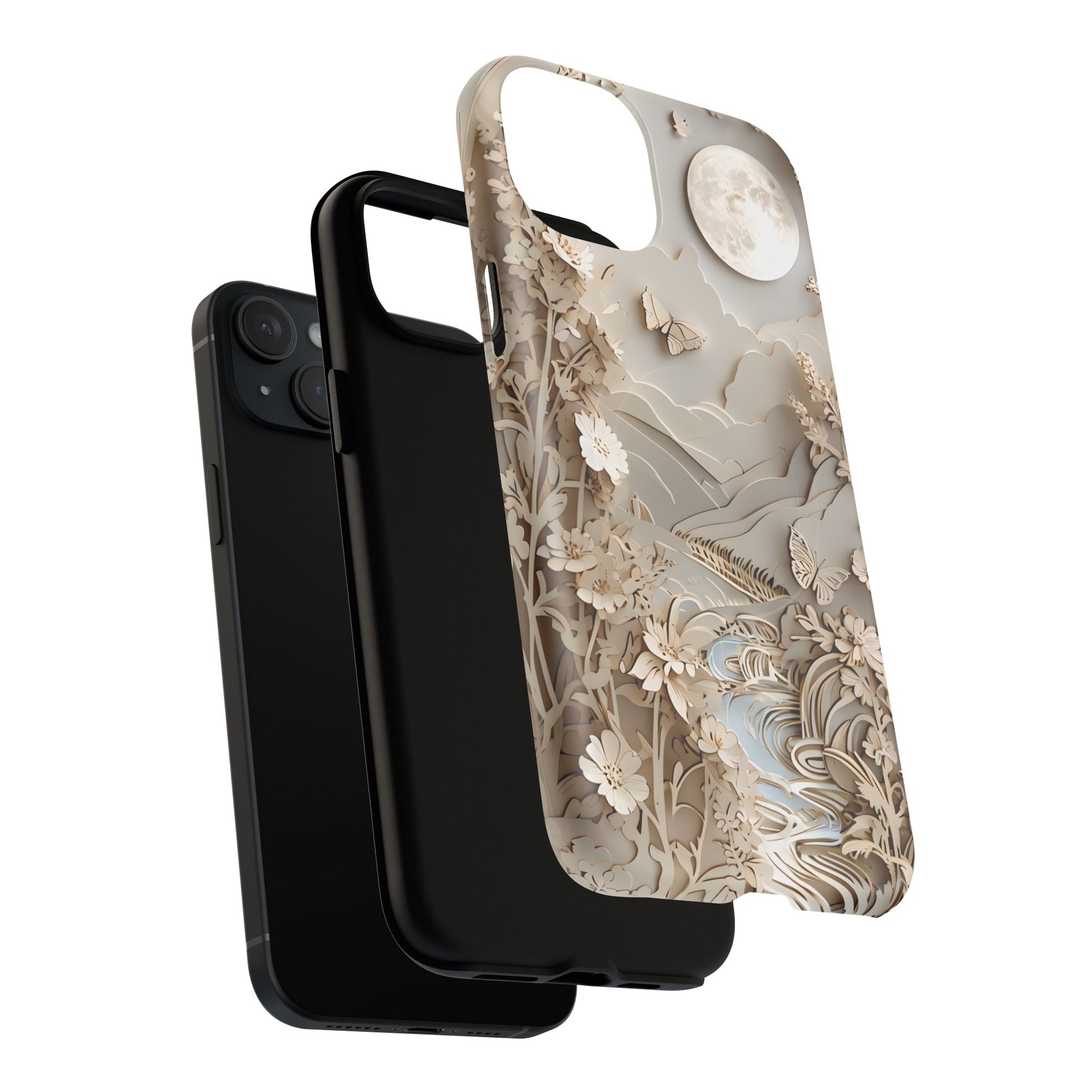 Moonlit Garden - Elegant Neutral Floral iPhone 15 Plus MagSafe Phone Case - Painterly Botanical & Moon Design