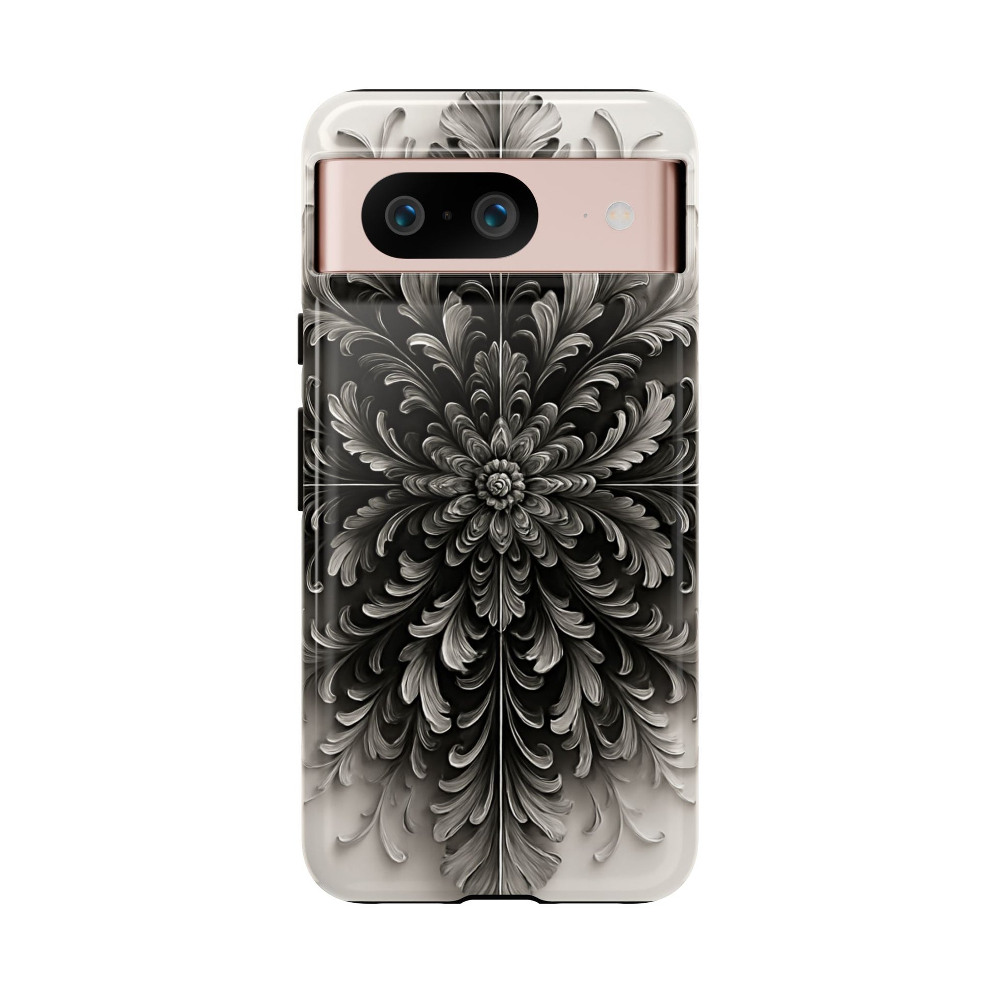 Obsidian Bloom - Elegant Black & White Google Pixel 8 Tough Phone Case - Intricate Mandala Flower Design