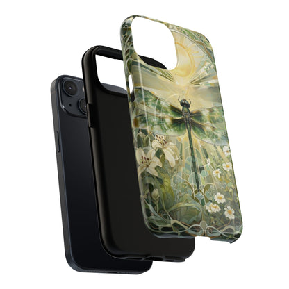 Emerald Dragonfly art nouveau iPhone MagSafe phone case exploded view showing dual layer protection with botanical floral design.