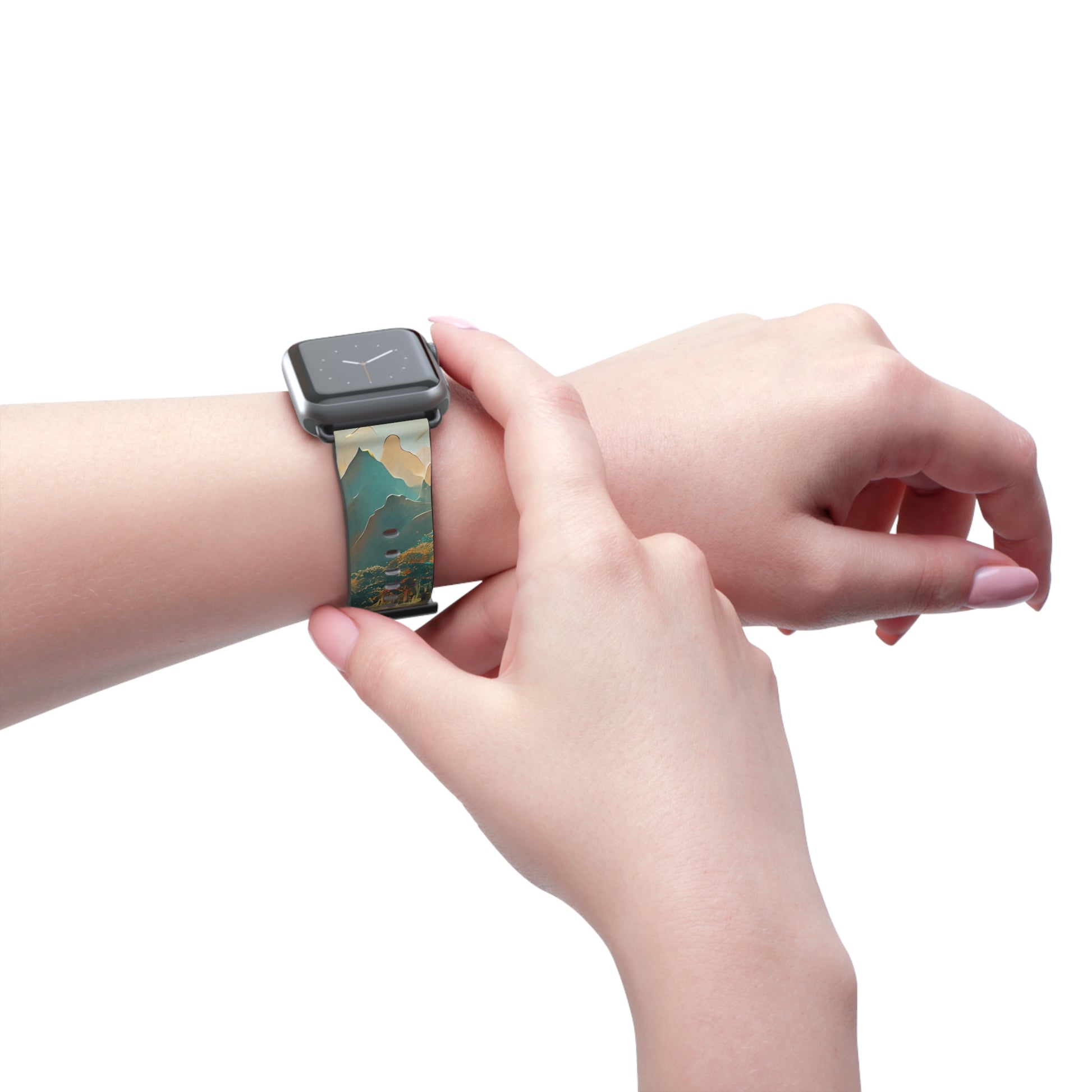 Misty Horizon Apple Watch band worn on wrist featuring serene misty mountain landscape design