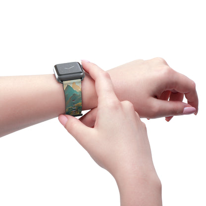 Misty Horizon Apple Watch band worn on wrist featuring serene misty mountain landscape design