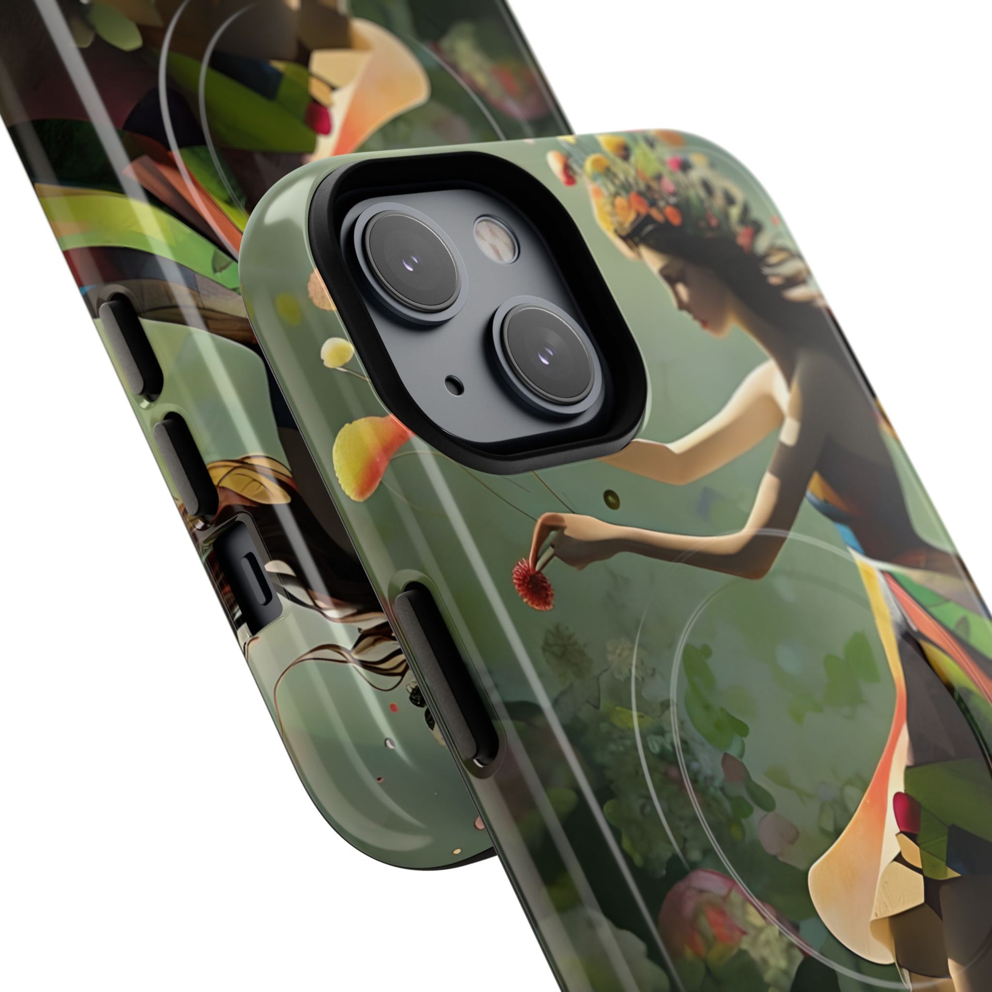 Dancing Wildflower Muse iPhone 14- Artistic Floral Fantasy Cover - MagSafe Compatible - Whimsical Nature-Inspired Protective Accessory