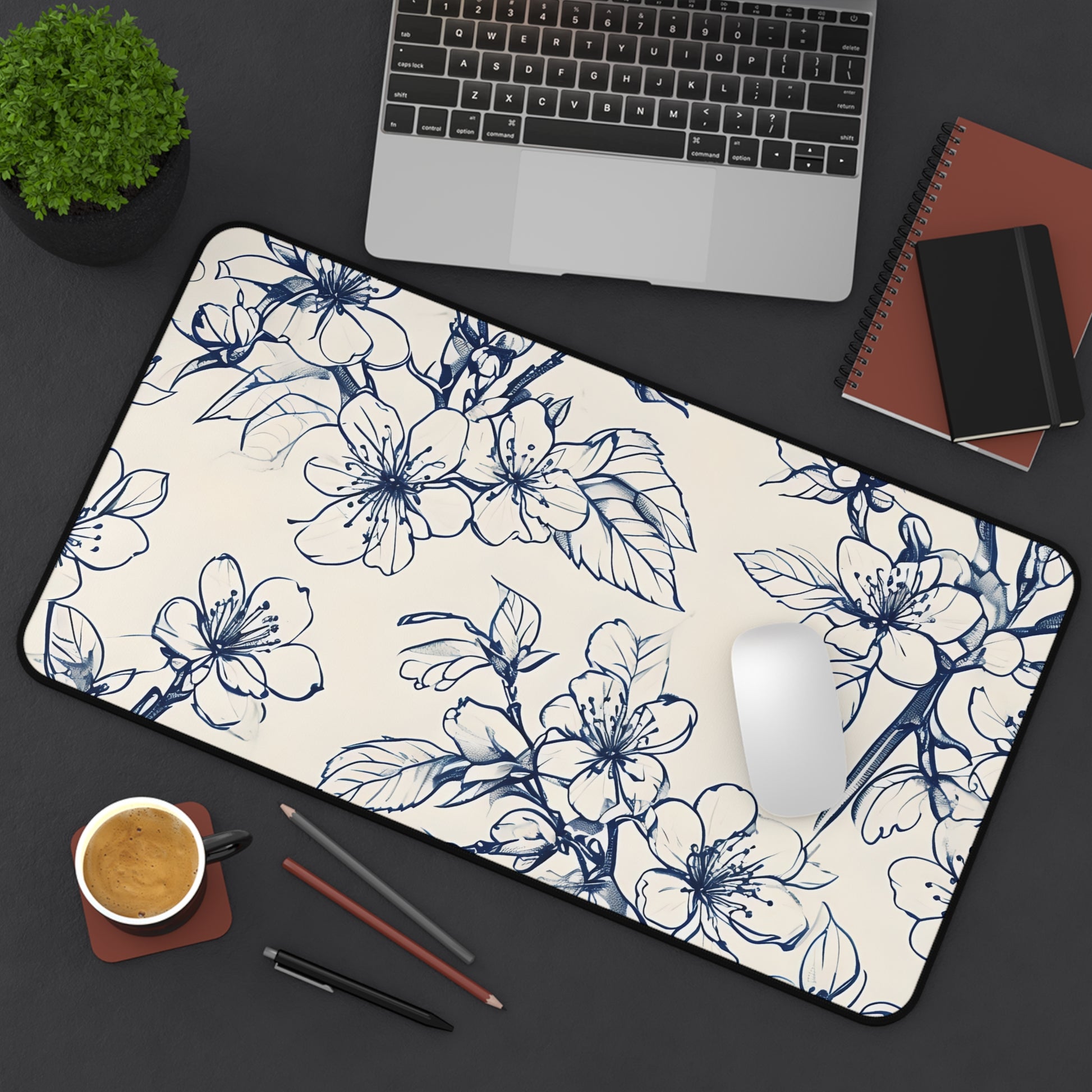 Blossom Sketch Designer Desk Mat - Premium Office Desk Pad, 3 Sizes Available, Blue Floral Botanical Workspace Protection