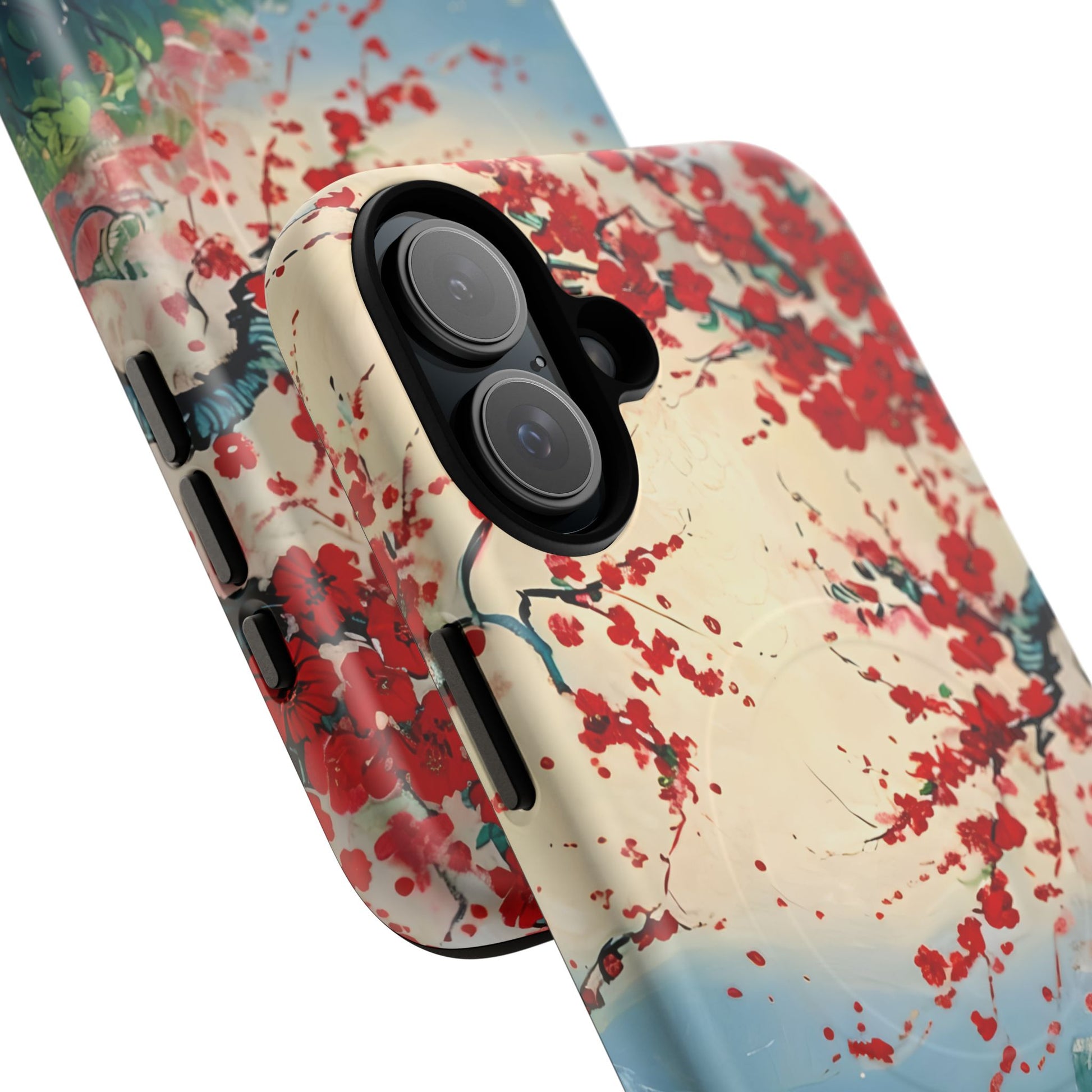 Crimson Blossom Lake - Artistic Floral Landscape iPhone 16 Plus MagSafe Phone Case - Red Cherry Blossoms & Serene Lake Design