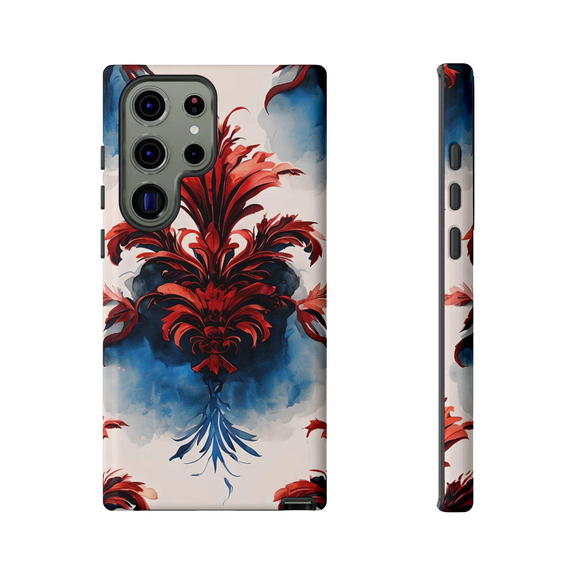Crimson Plume - Bold Artistic Feather Samsung Galaxy S23 Ultra Tough Phone Case - Dramatic Red & Blue Design