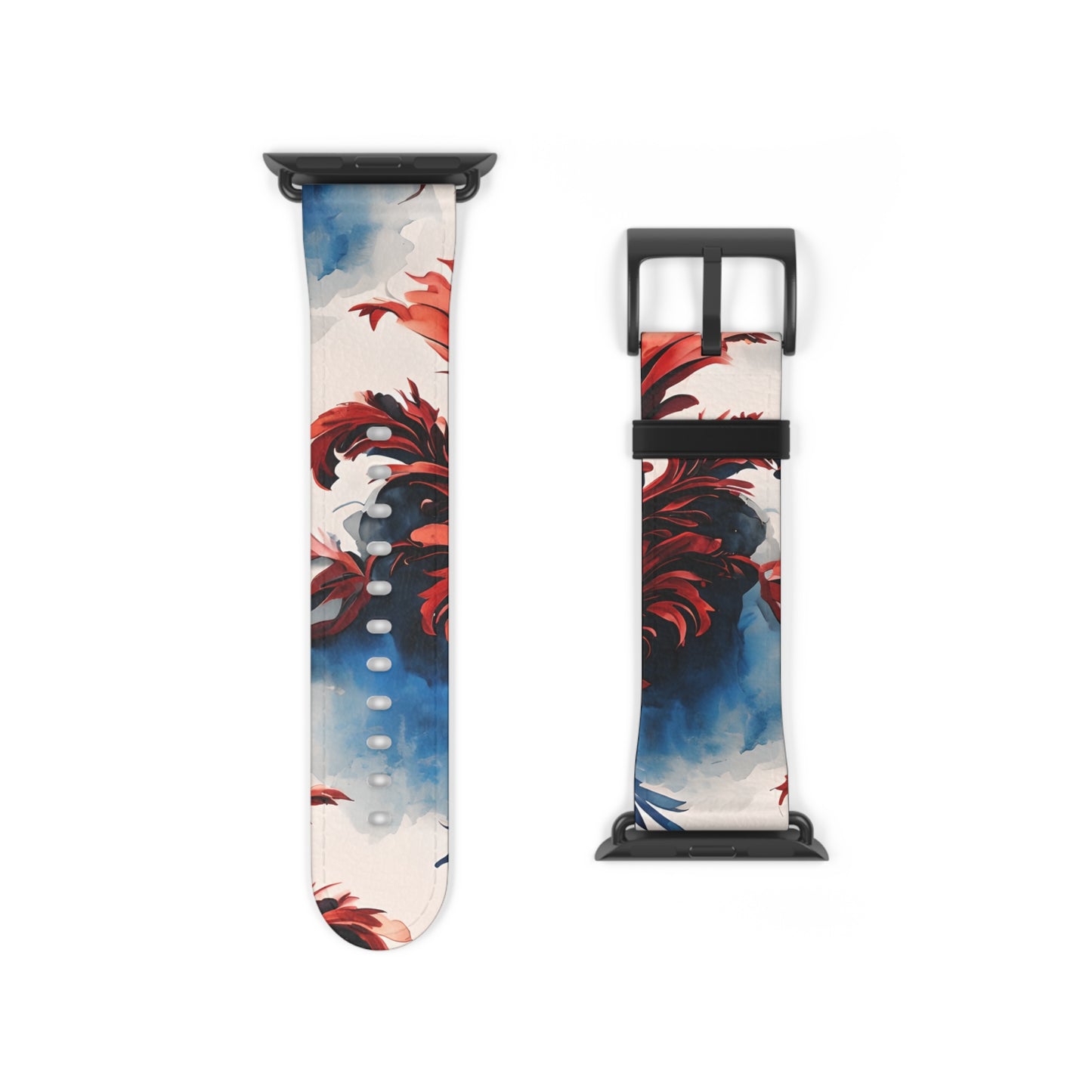 Crimson Plume Apple Watch band strap with black clasp displaying flowing feather design in red, white and blue tones