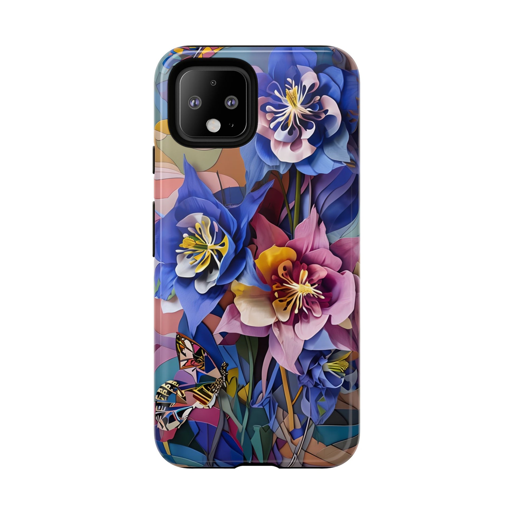 Blue Columbine Carnivale - Artistic Floral & Butterfly Google Pixel 4 Tough Phone Case - Vibrant Botanical Design