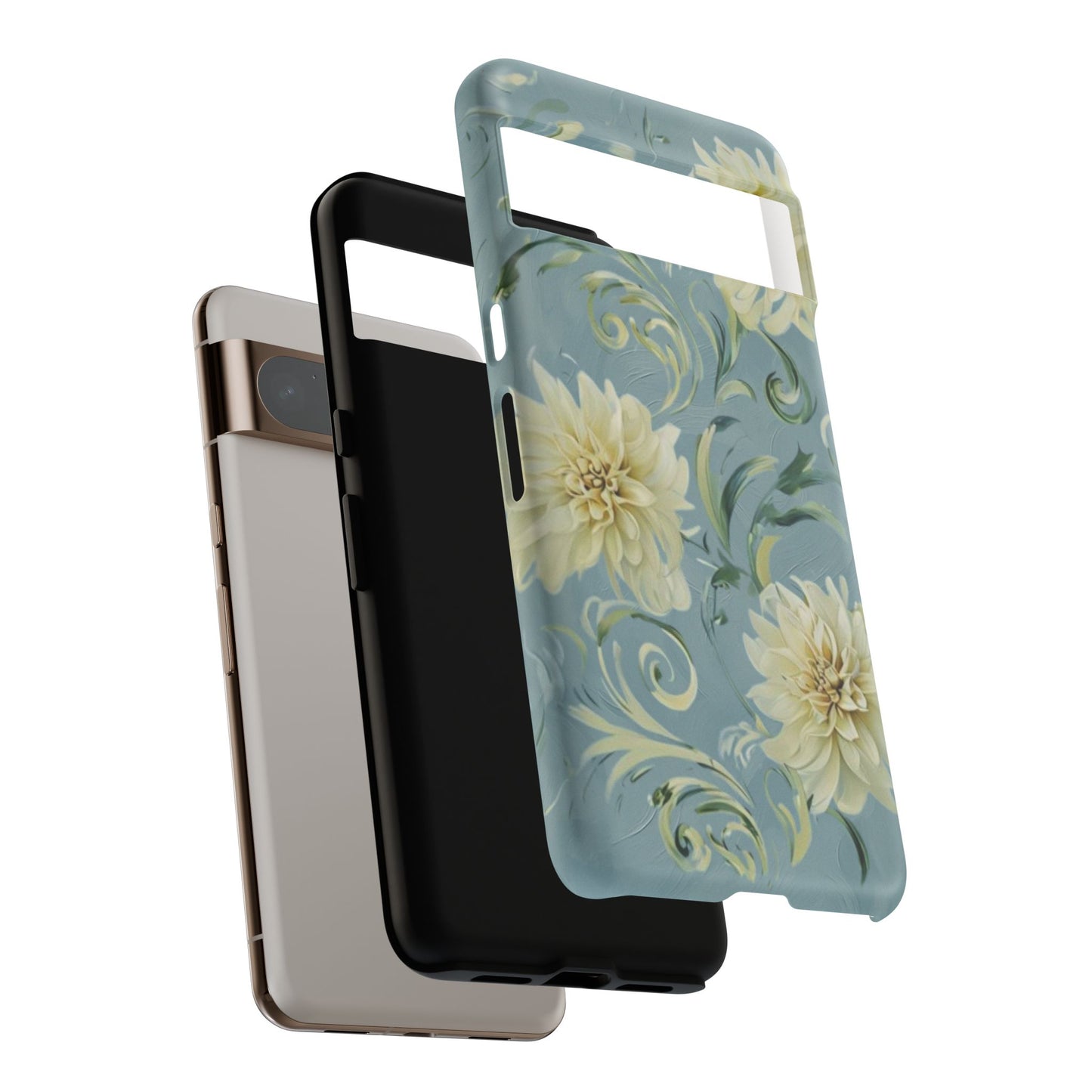 Golden Dahlia Trio - Elegant Floral Google Pixel Tough Phone Case - Artistic White & Blue Dahlia Design