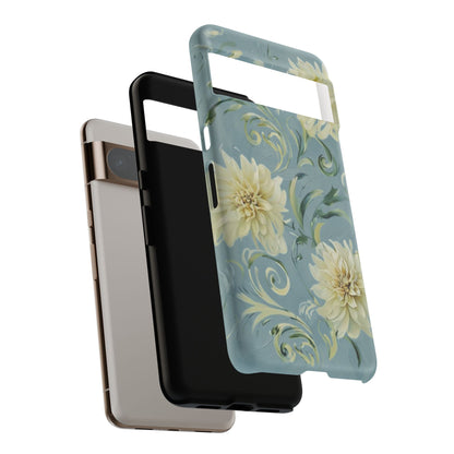 Golden Dahlia Trio - Elegant Floral Google Pixel Tough Phone Case - Artistic White & Blue Dahlia Design