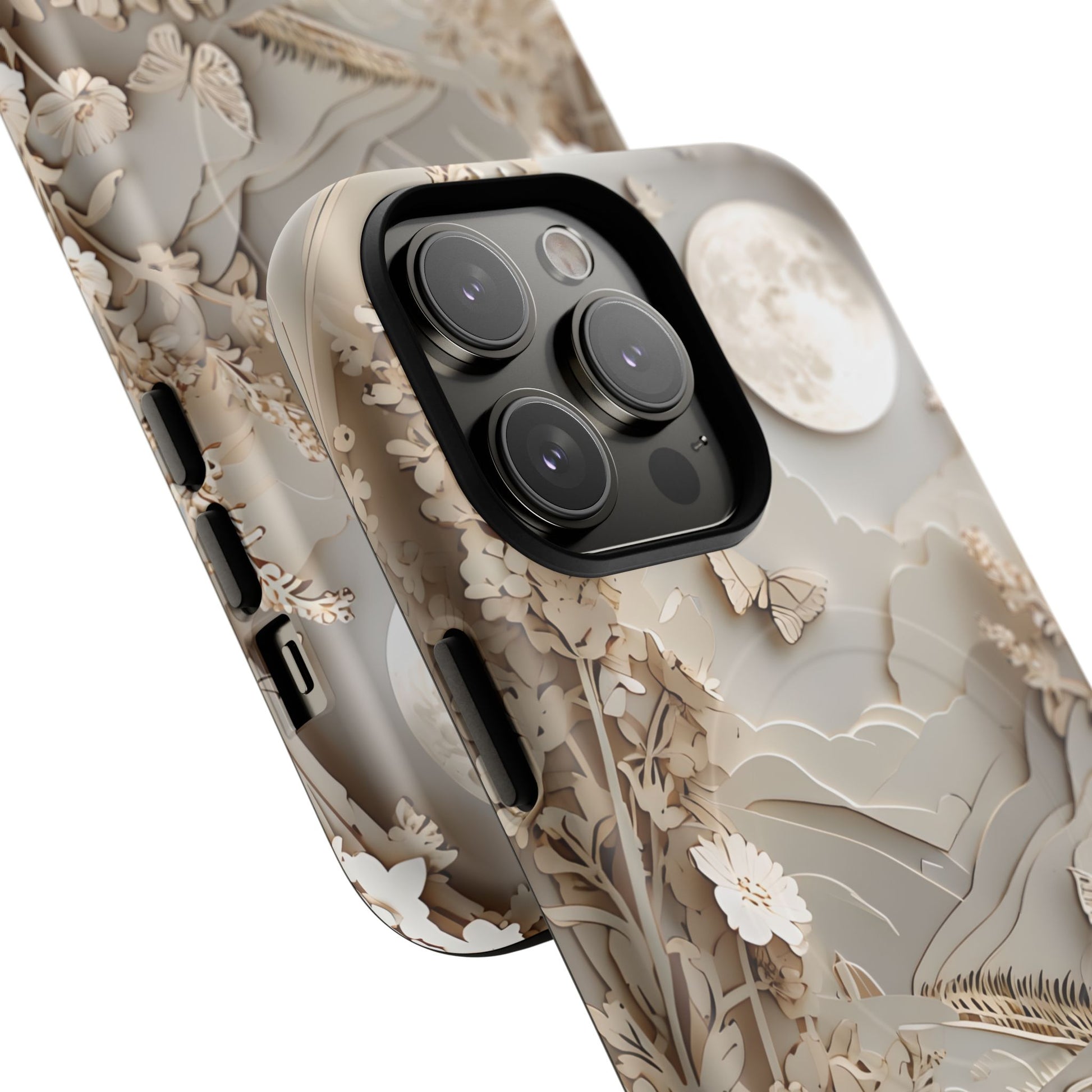 Moonlit Garden - Elegant Neutral Floral iPhone 14 Pro Max MagSafe Phone Case - Painterly Botanical & Moon Design