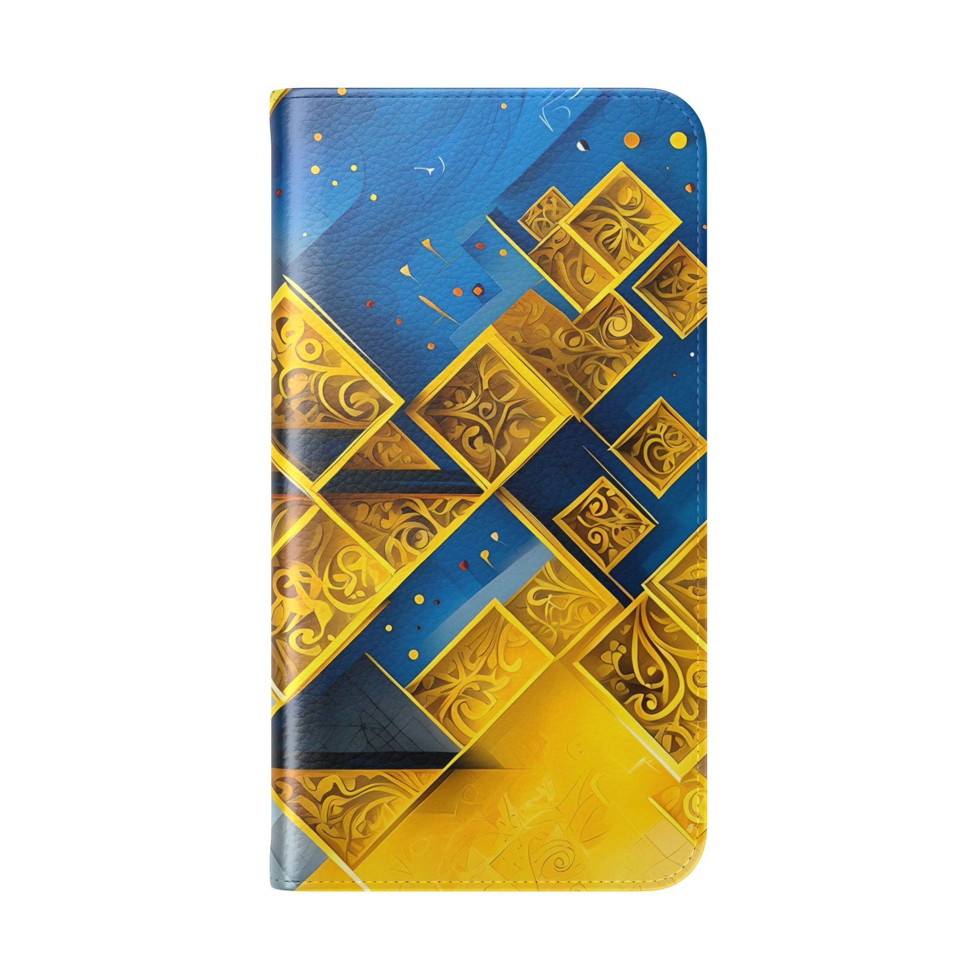 Golden Ascent Wallet Phone Case - Abstract Yellow & Blue Flip Cover for iPhone 14 Pro