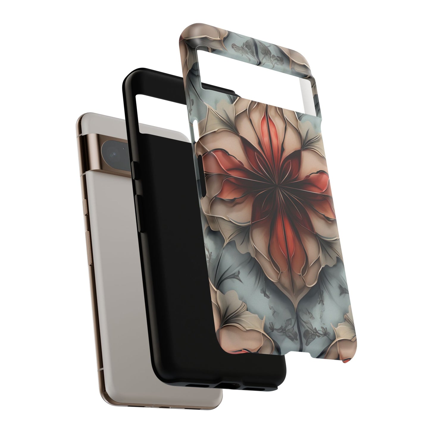 Ember Bloom - Kaleidoscope Collection Artistic Floral - Google Pixel Tough Phone Case - Fiery Symmetrical Design