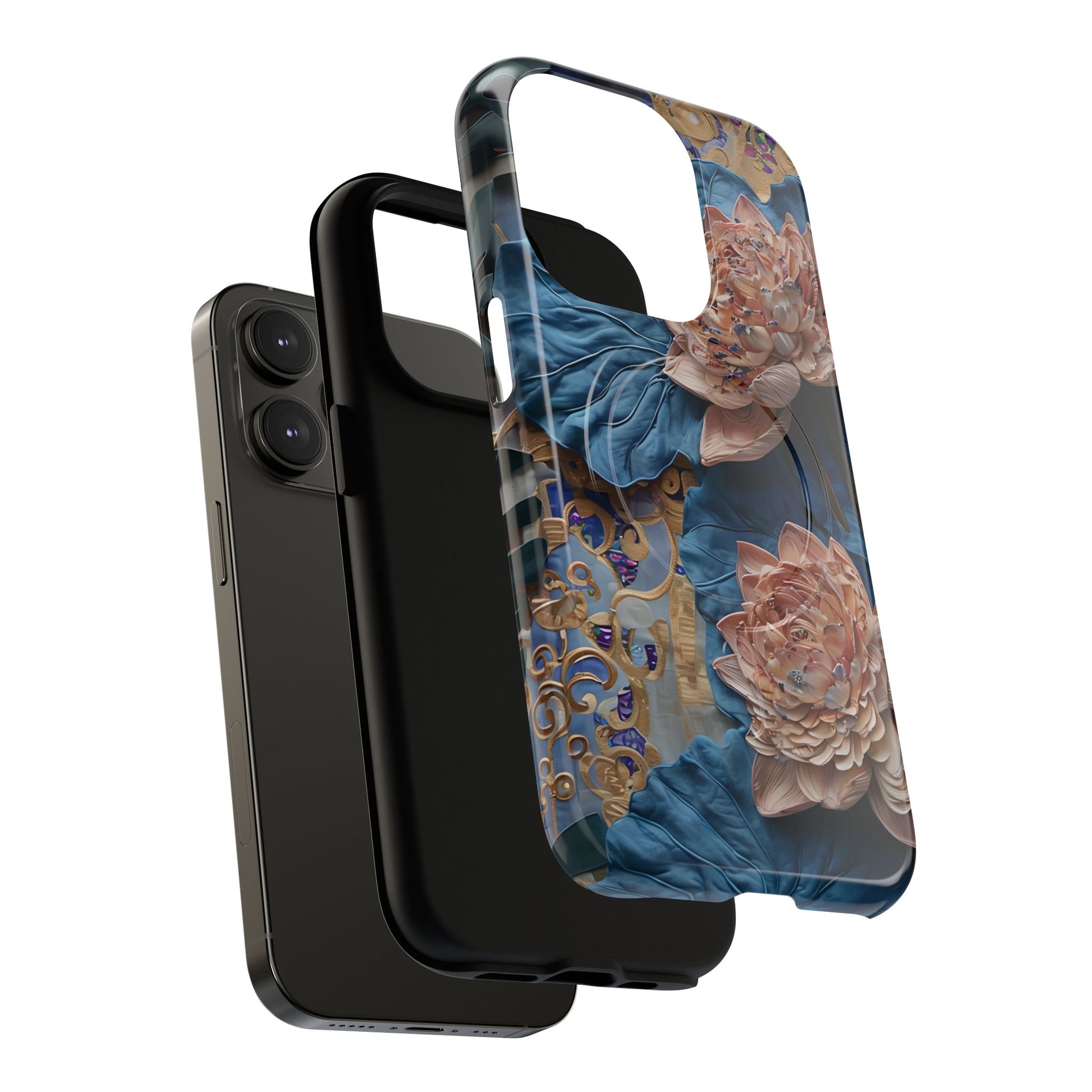Peony Midnight Tapestry - iPhone 14 Pro - MagSafe Compatible - Elegant Blue & Blush Artful Phone Cover