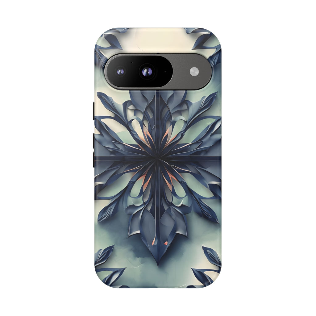 Frosted Indigo Bloom - Artistic Kaleidoscope Collection Artistic Floral - Google Pixel 9 Tough Phone Case - Blue Symmetrical Design