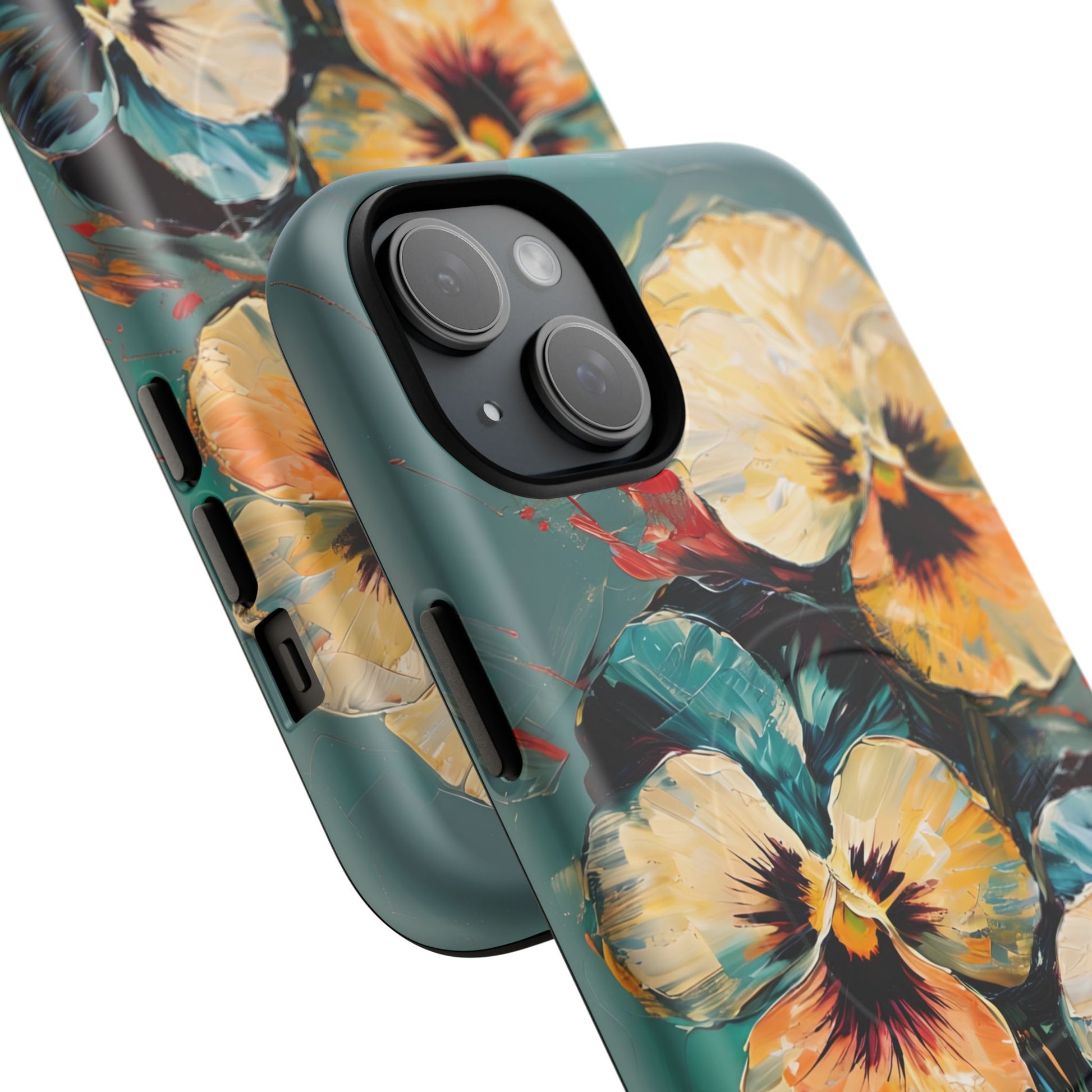 Golden Pansy Cascade - Elegant Floral iPhone 15 Plus MagSafe Case with Deep Teal Background