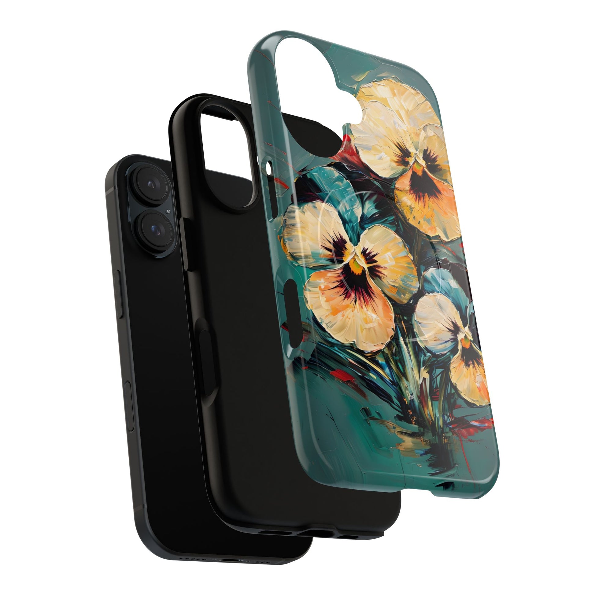 Golden Pansy Cascade - Elegant Floral iPhone 16 MagSafe Case with Deep Teal Background
