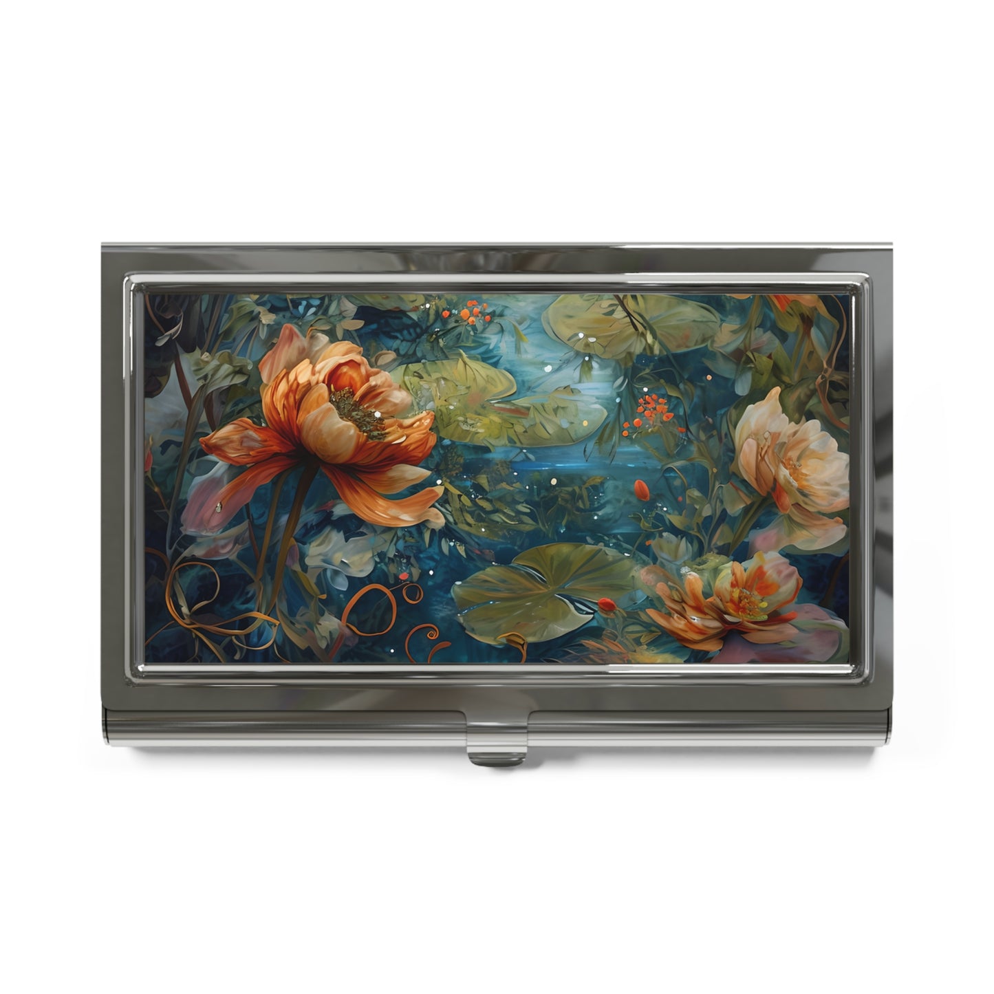 Waterlily Nocturne lily pond floral artwork business card holder closed top view