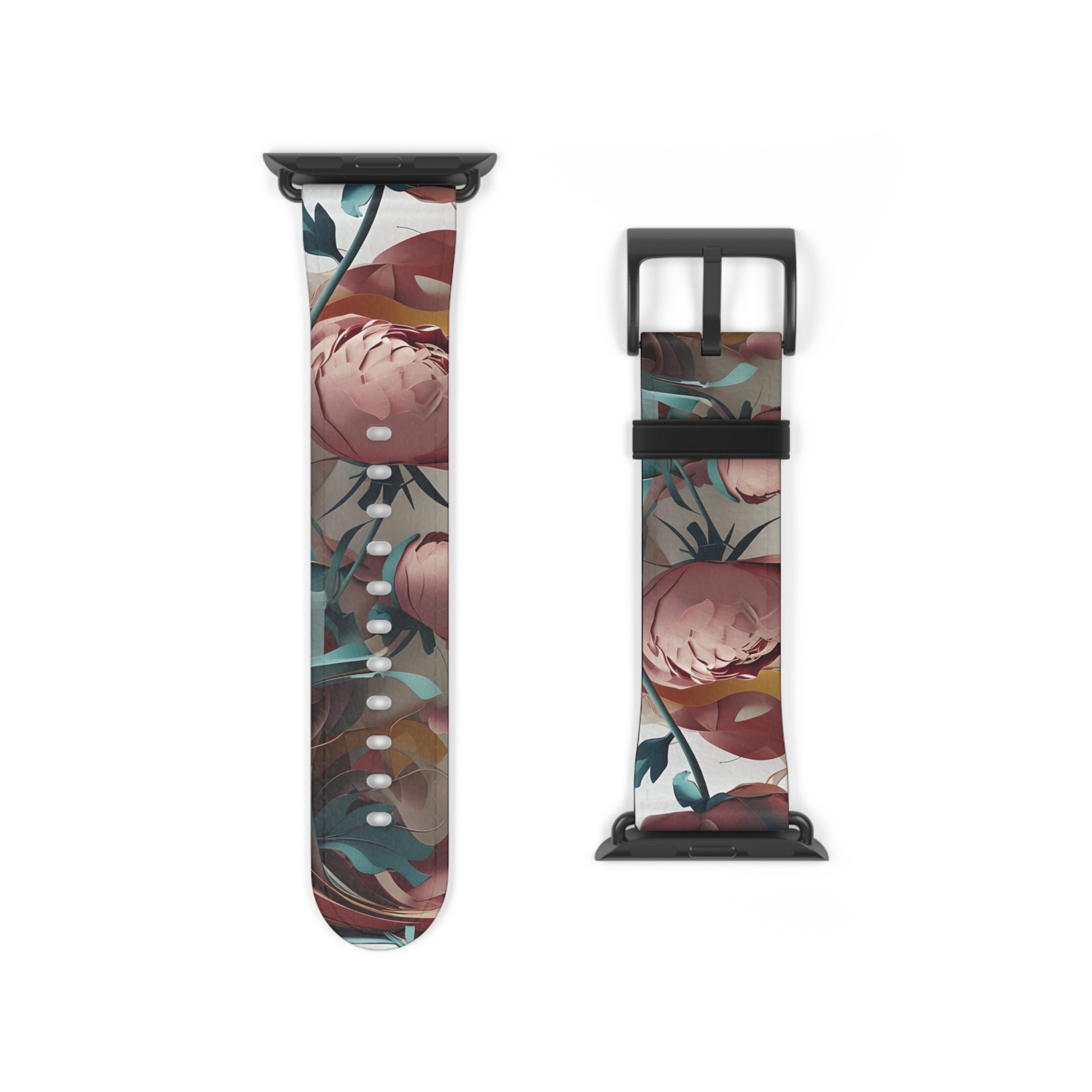 Blushing Peony Veil Apple Watch band strap with black clasp displaying soft pink peony floral design