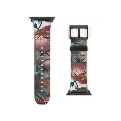 Blushing Peony Veil Apple Watch band strap with black clasp displaying soft pink peony floral design