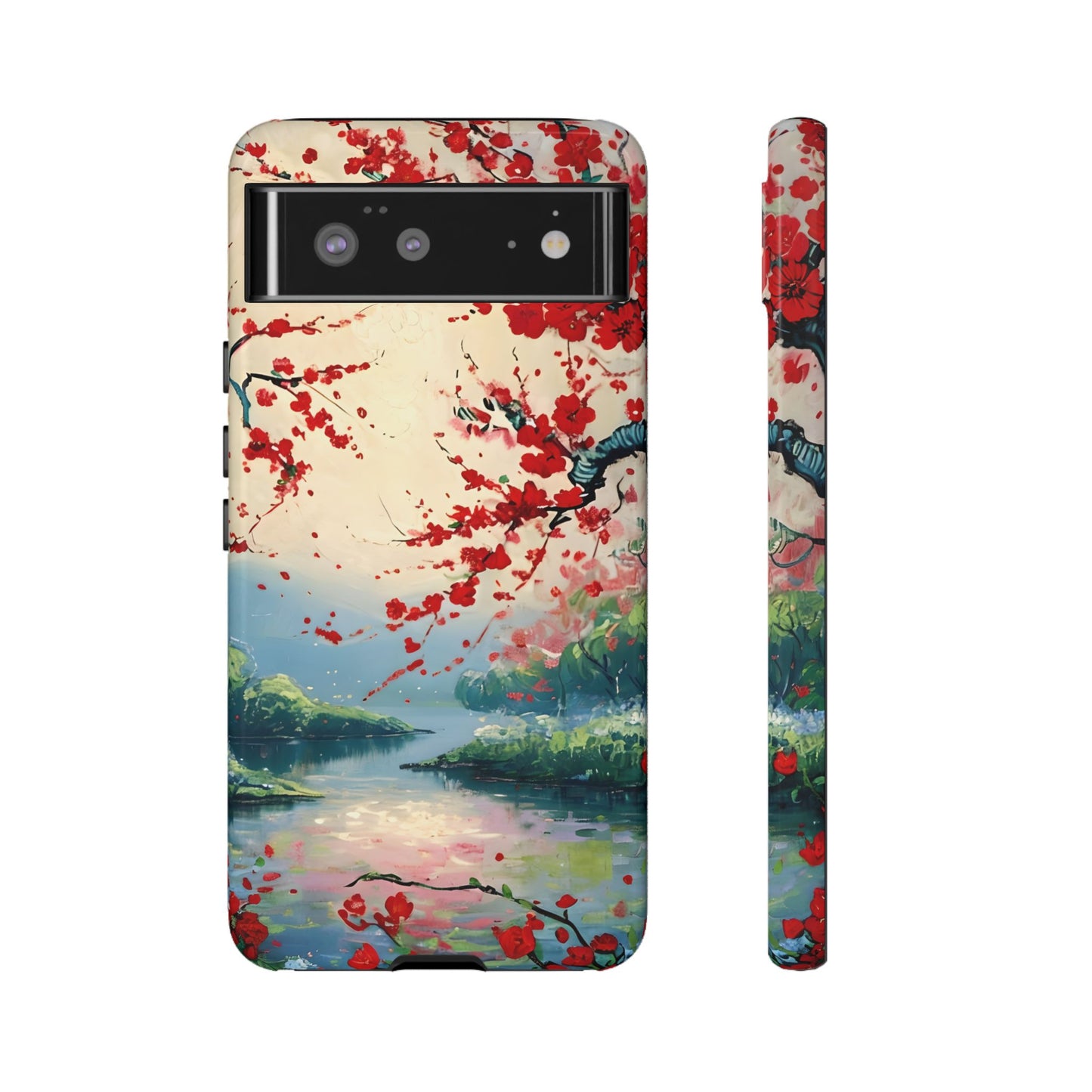 Crimson Blossom Lake - Artistic Floral Landscape Google Pixel 6 Tough Phone Case - Red Cherry Blossoms & Serene Lake Design