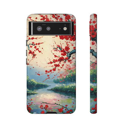 Crimson Blossom Lake - Artistic Floral Landscape Google Pixel 6 Tough Phone Case - Red Cherry Blossoms & Serene Lake Design