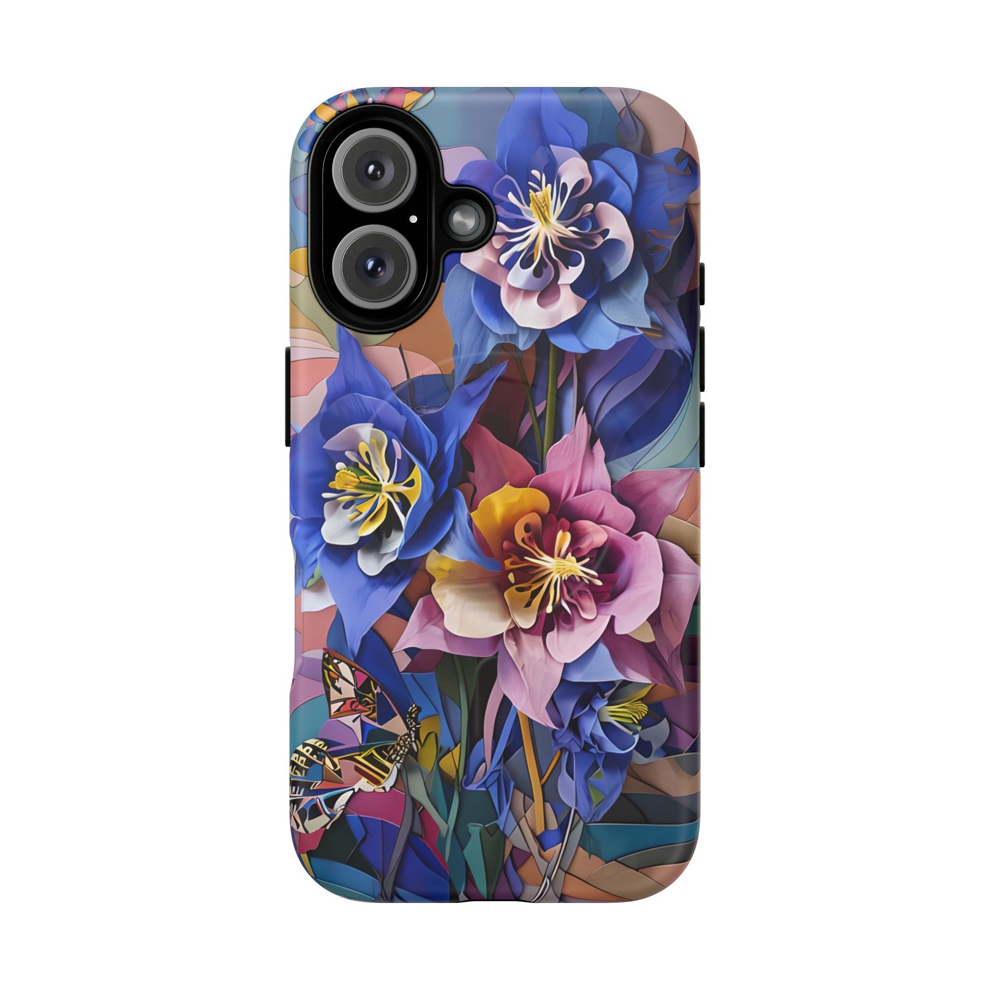 Blue Columbine Carnivale - Artistic Floral & Butterfly iPhone 16 MagSafe Phone Case - Vibrant Botanical Design