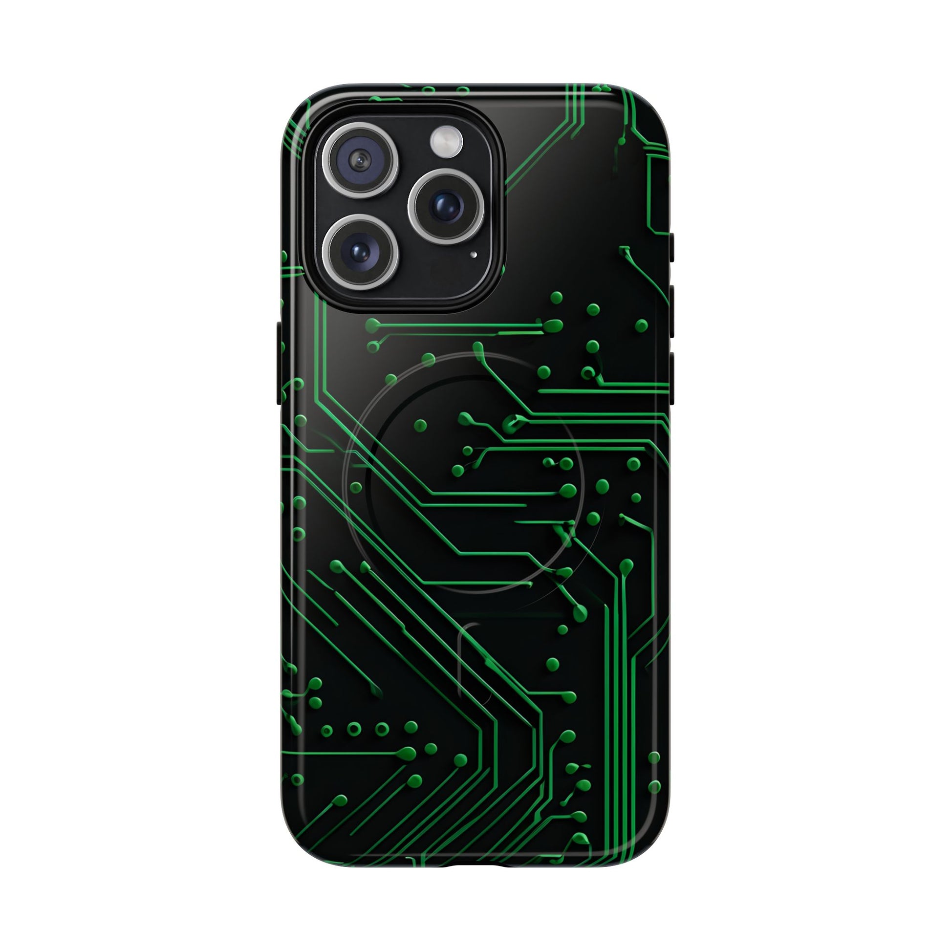 Green Circuit Grid iPhone 15 Pro Max MagSafe Compatible case- Tech-Inspired Shockproof Cover