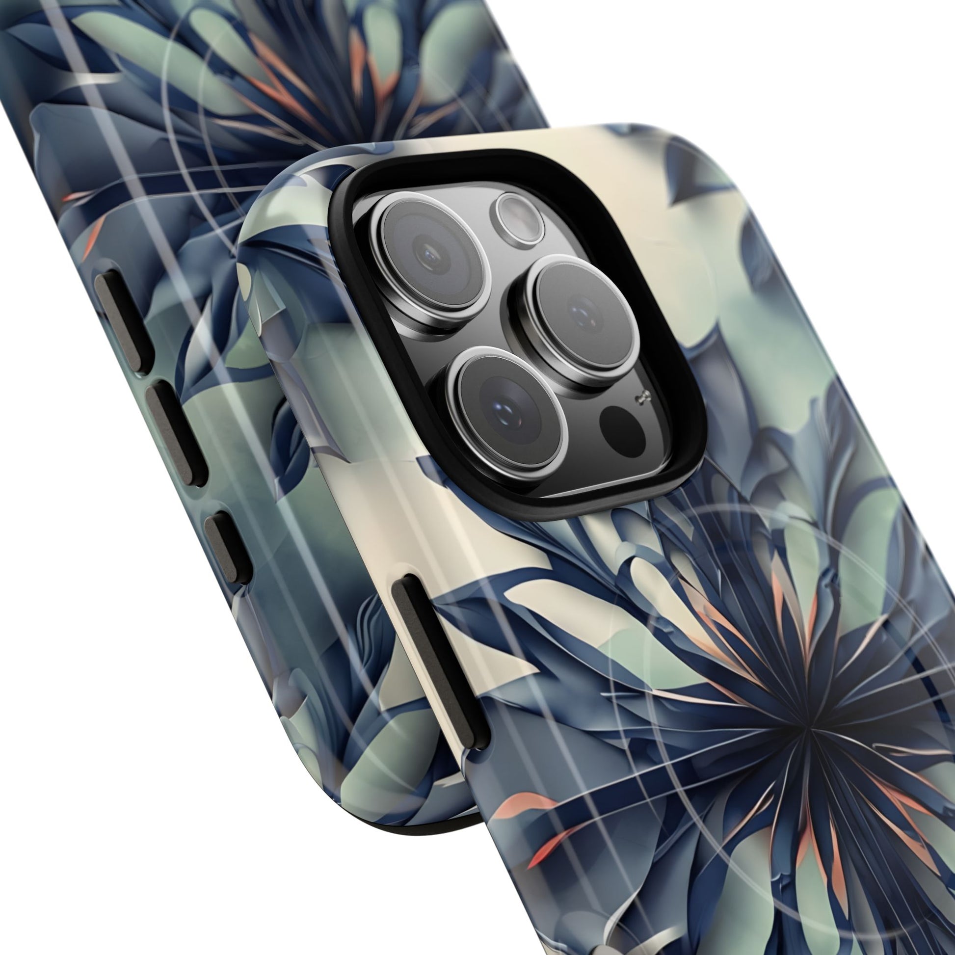 Frosted Indigo Bloom - Artistic Kaleidoscope Collection Artistic Floral - iPhone 16 Pro MagSafe Phone Case -Blue Symmetrical Design