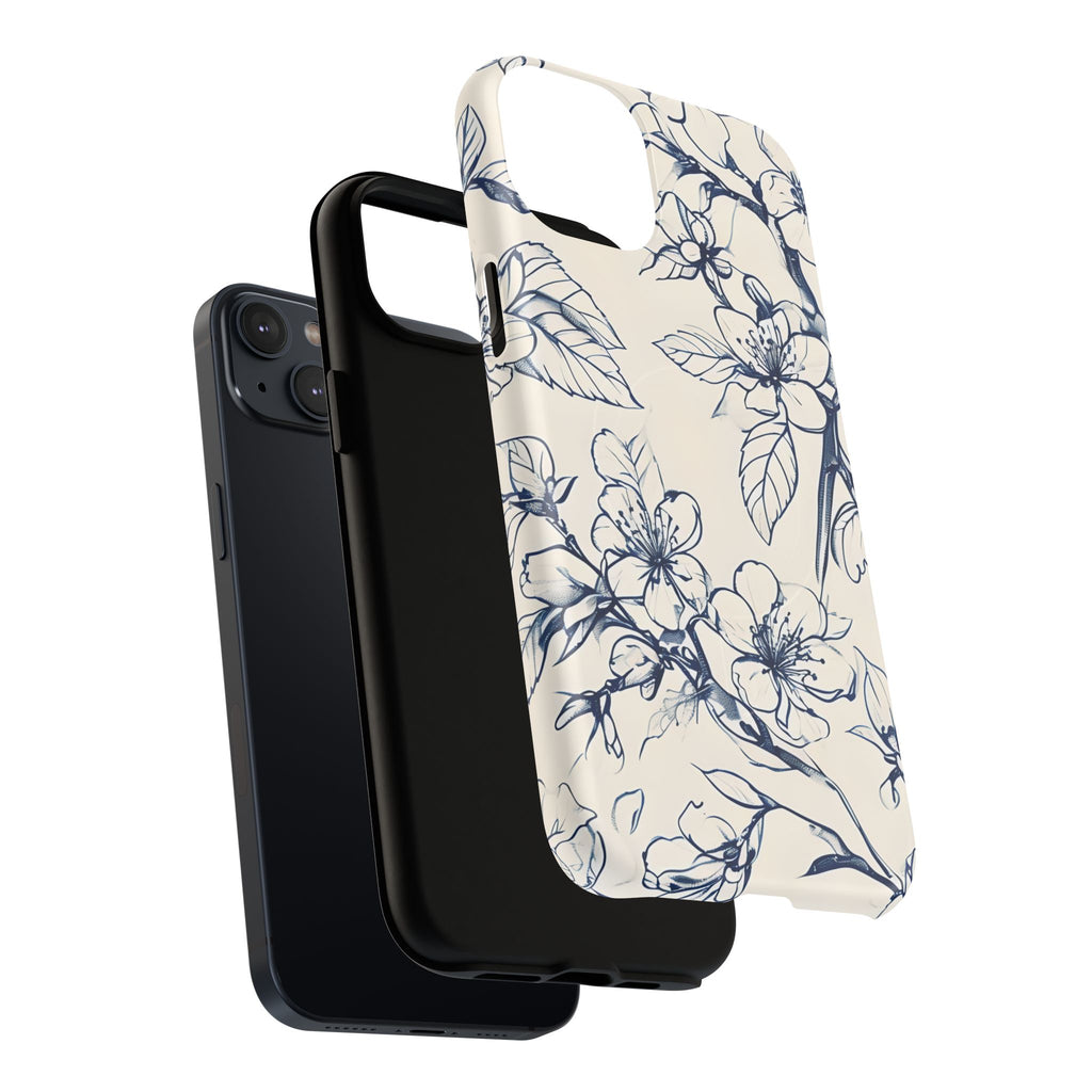 Blossom Sketch - Artistic Blue Floral - iPhone 14 Plus MagSafe Phone Case - Hand-Drawn Botanical Design