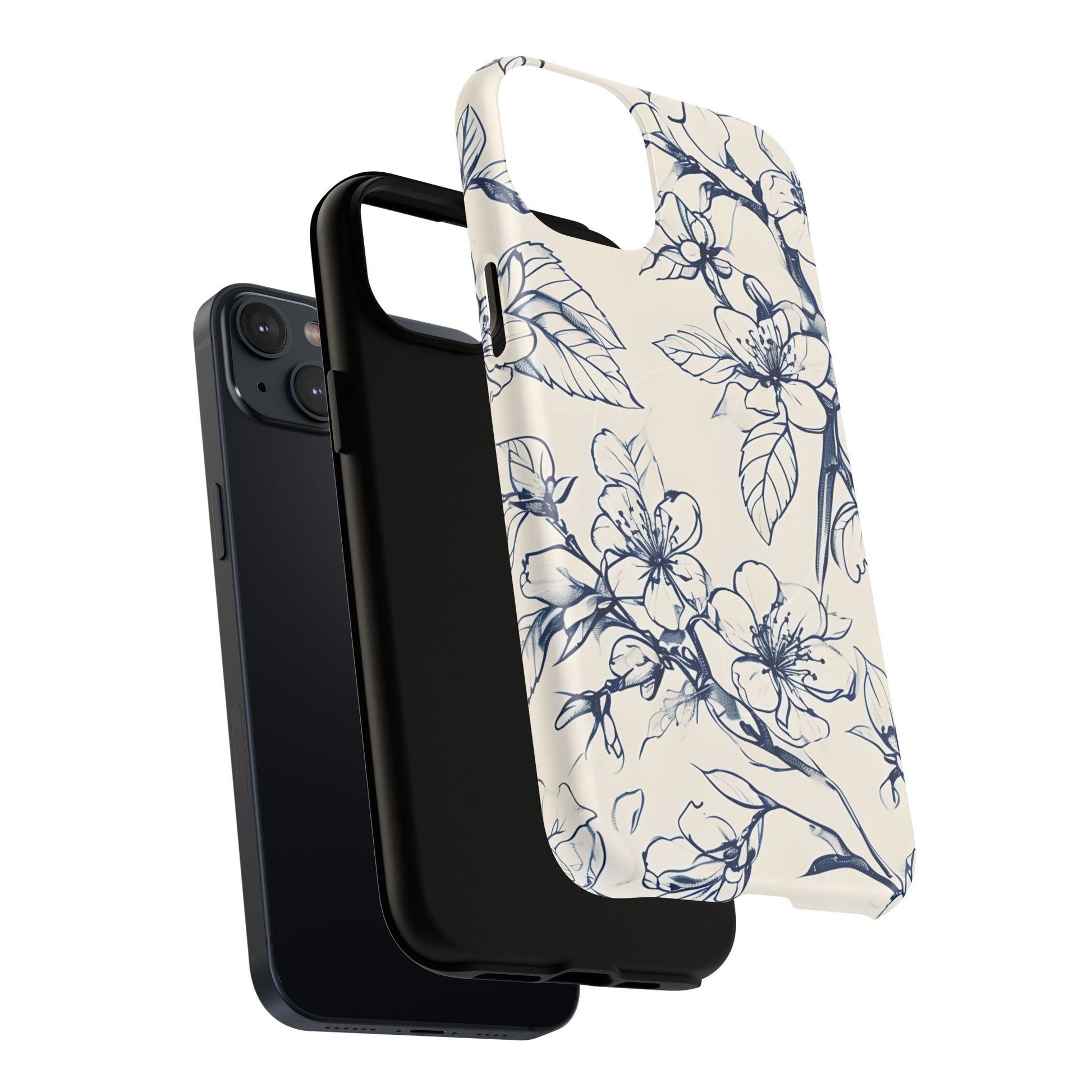 Blossom Sketch - Artistic Blue Floral - iPhone 14 Plus MagSafe Phone Case - Hand-Drawn Botanical Design