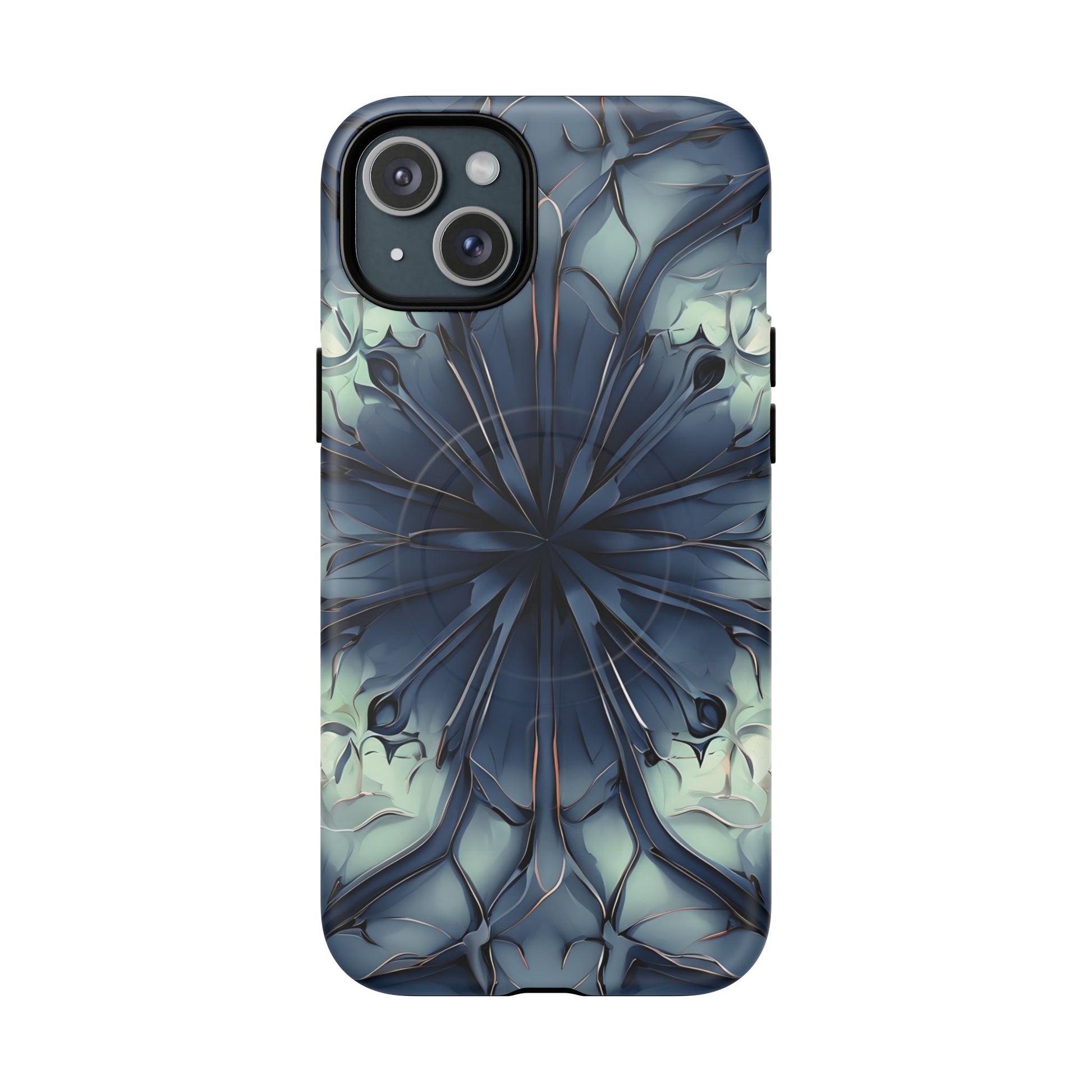 Indigo Mosaic - Artistic Kaleidoscope Collection Artistic Floral - iPhone 15 Plus MagSafe Phone Case -Bold Blue Symmetrical Design