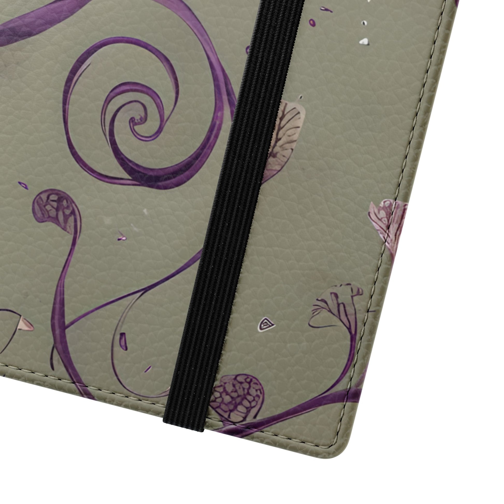Close-up of Twilight Thistle Bloom Samsung Galaxy wallet flip phone case with purple botanical thistle vine pattern