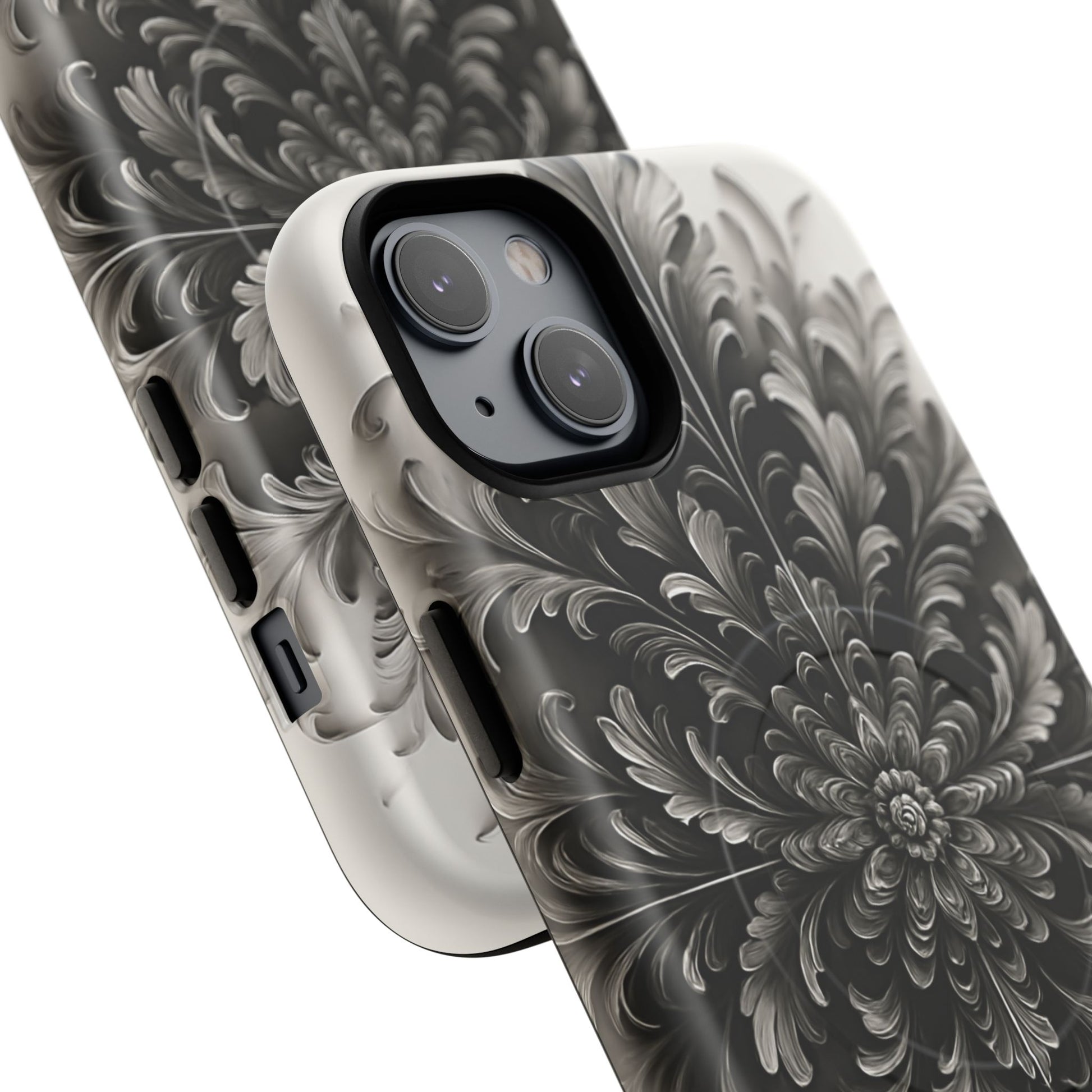 Obsidian Bloom - Elegant Black & White iPhone 14 Plus MagSafe Phone Case - Intricate Mandala Flower Design