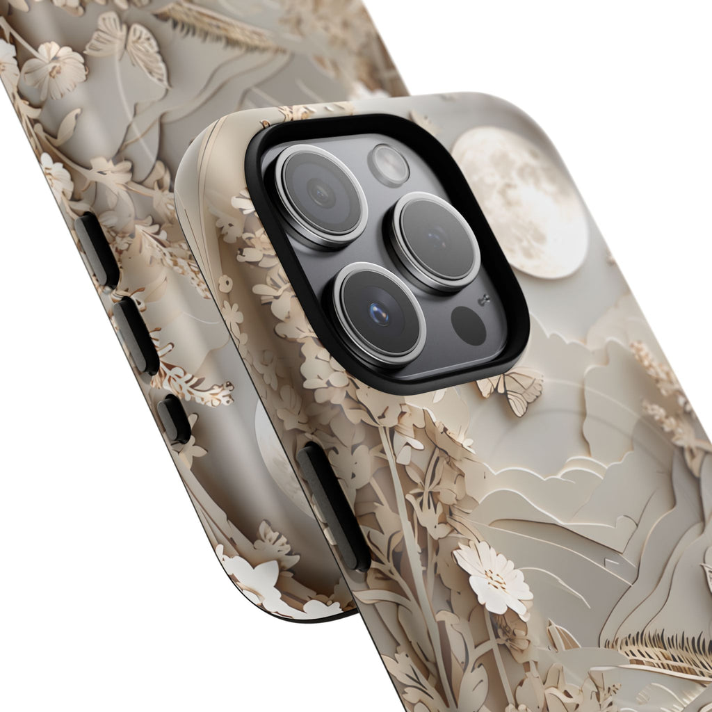 Moonlit Garden - Elegant Neutral Floral iPhone 15 Pro MagSafe Phone Case - Painterly Botanical & Moon Design