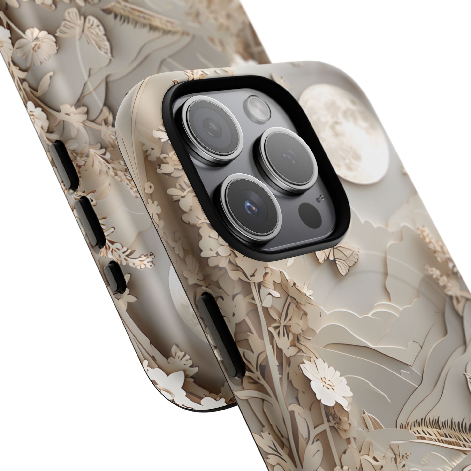 Moonlit Garden - Elegant Neutral Floral iPhone 15 Pro MagSafe Phone Case - Painterly Botanical & Moon Design