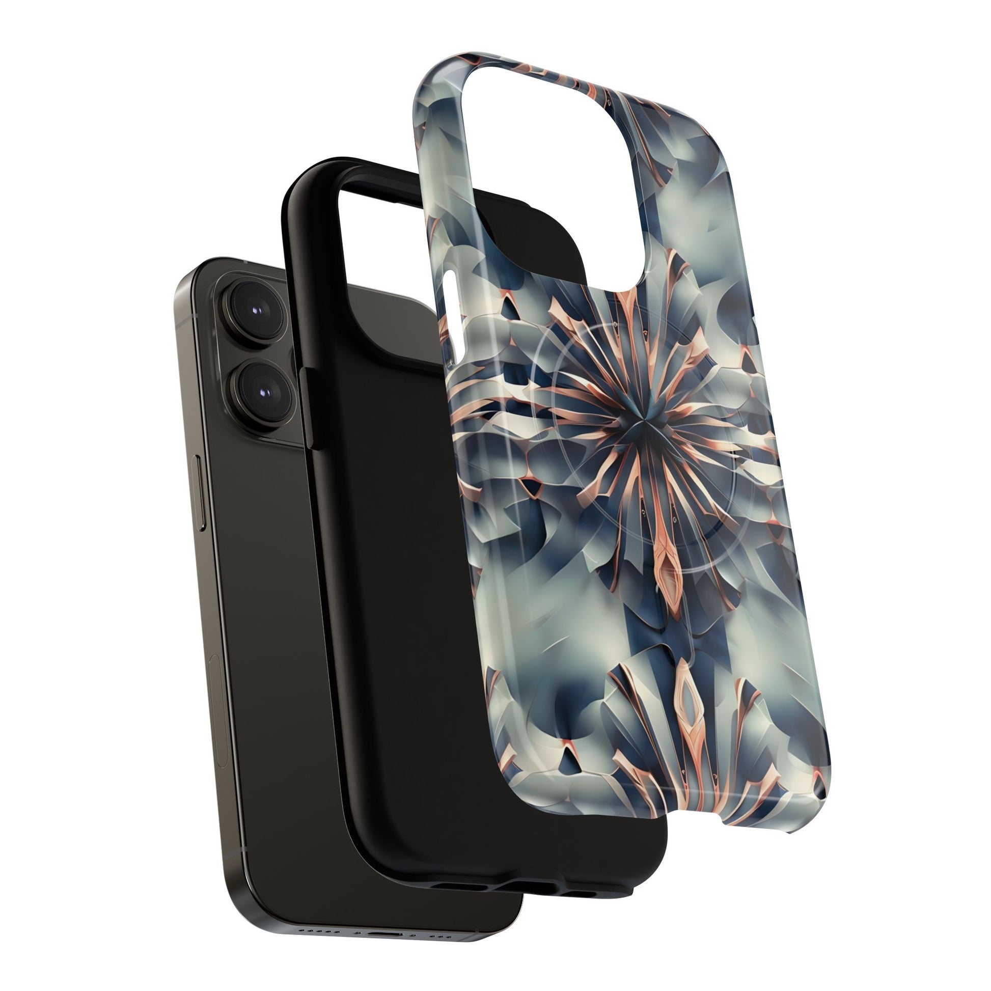 Obsidian Kaleidoscope Artistic Floral Burst - iPhone 14 Pro MagSafe Phone Case -Blue, Peach and Silver Symmetrical Design