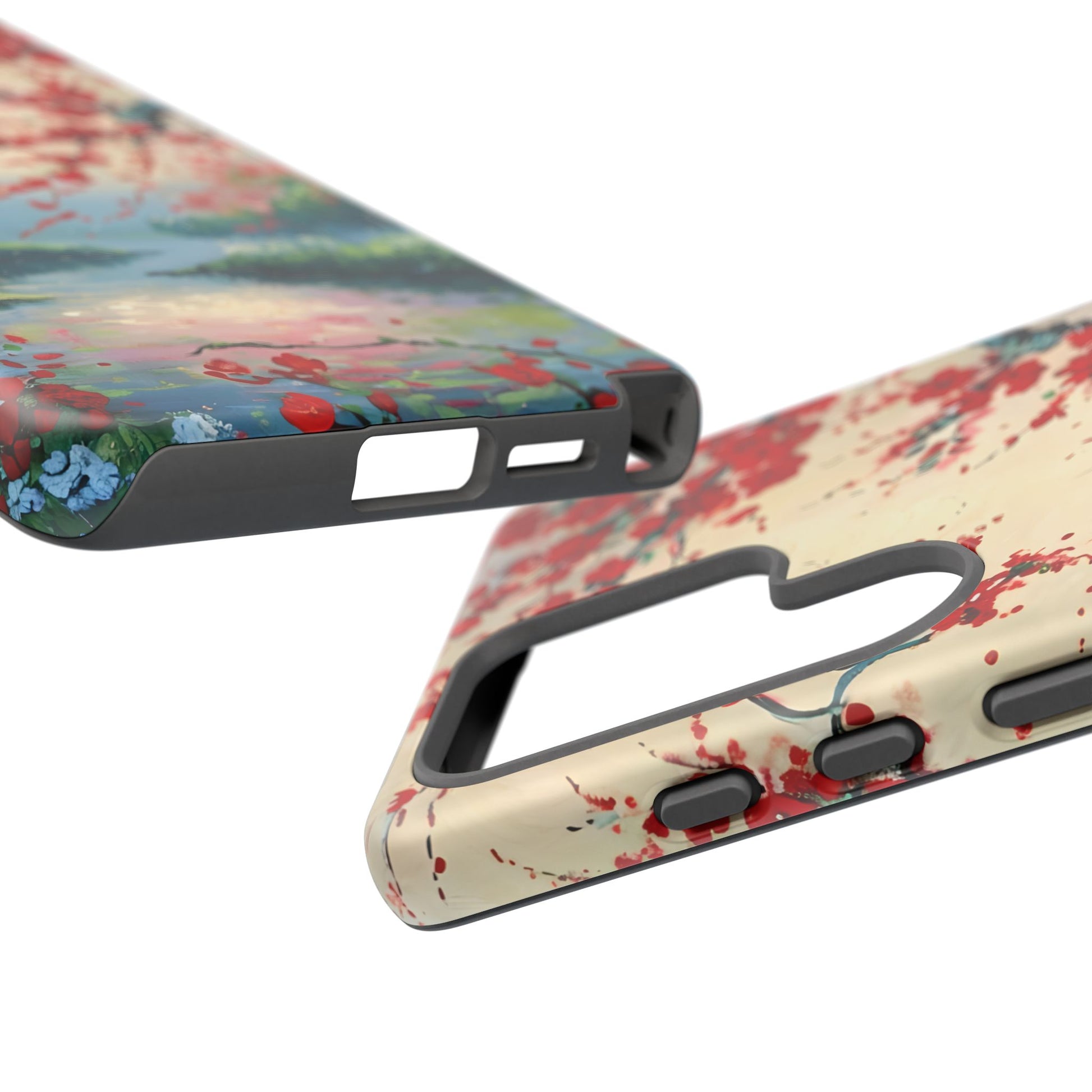 Crimson Blossom Lake - Artistic Floral Landscape Samsung Galaxy S25 Ultra Tough Phone Case - Red Cherry Blossoms & Serene Lake Design