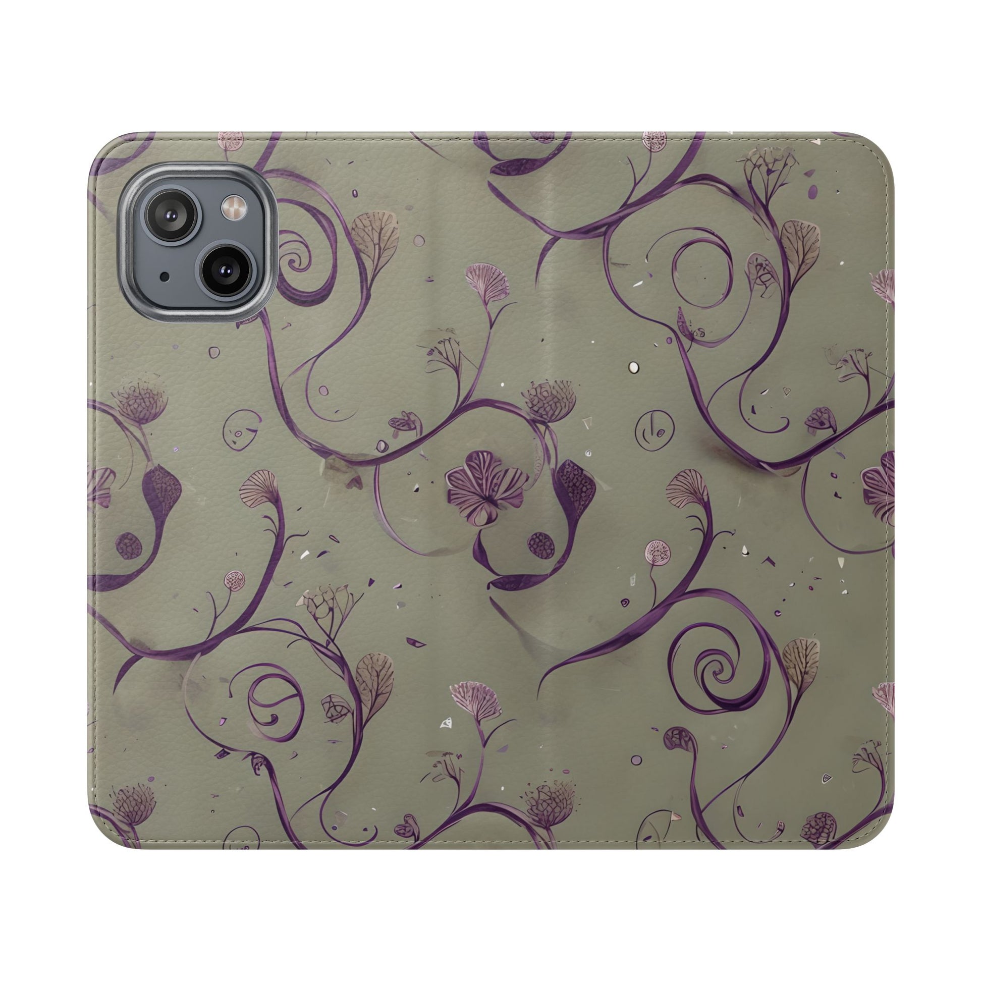 Twilight Thistle Bloom Wallet Phone Case - Elegant Purple Floral Vine Flip Cover for iPhone 14