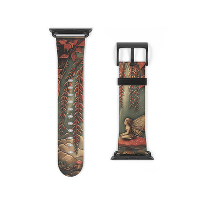 Willow Whisper Apple Watch band strap with black clasp displaying enchanted forest fairy sitting on mushroom under a willow tree